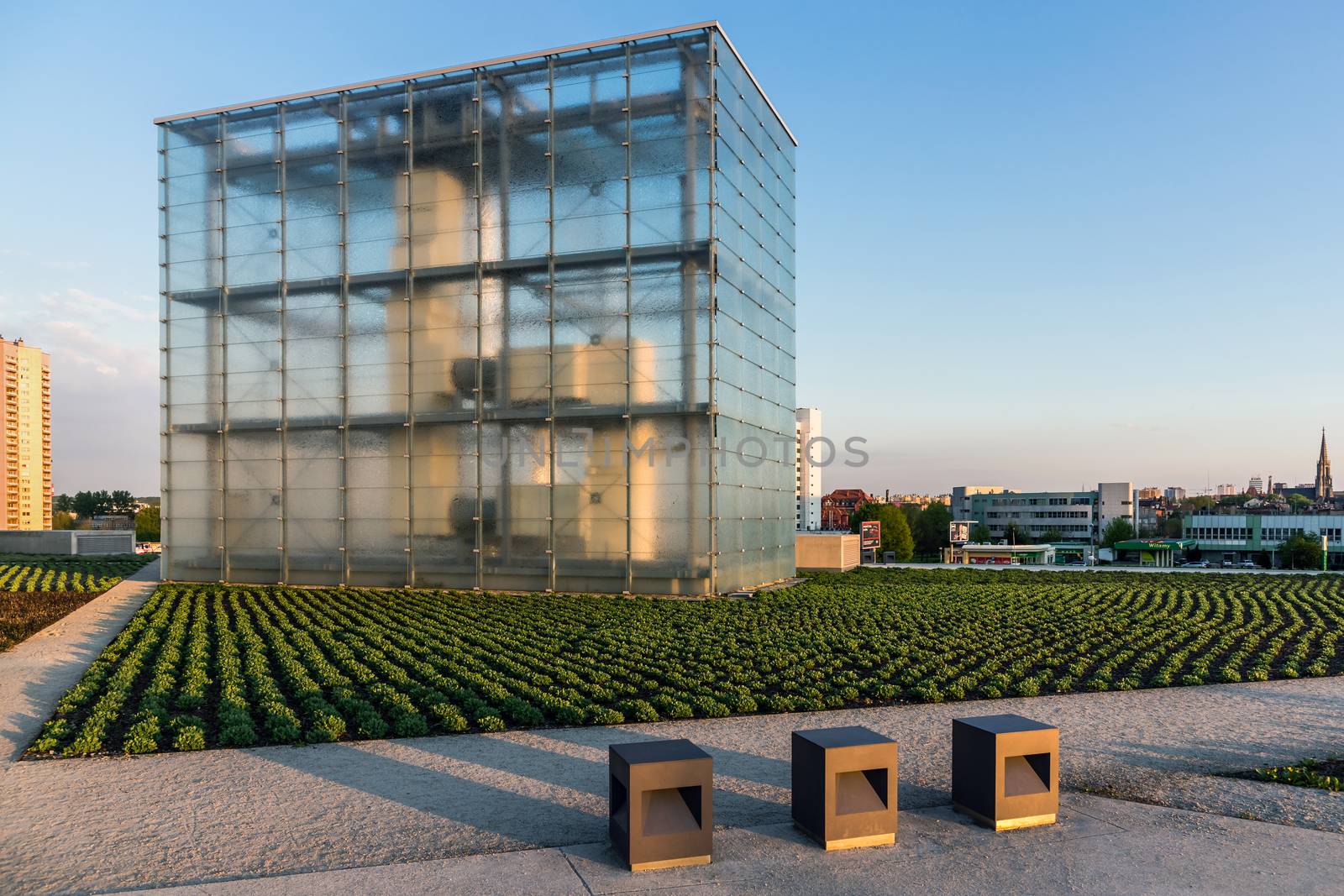 The former coal mine "Katowice", seat of the Silesian Museum in Katowice at dusk. The complex combines old mining buildings and infrastructure with modern architecture.