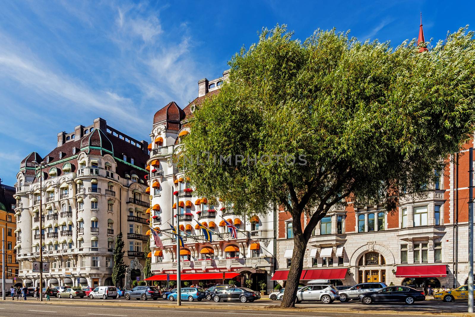 Hotels Diplomat and Esplanade on Strandvagen boulevard in Stockholm. The avenue was completed for the Stockholm World's Fair in 1897, considered the most prestigious street in town.