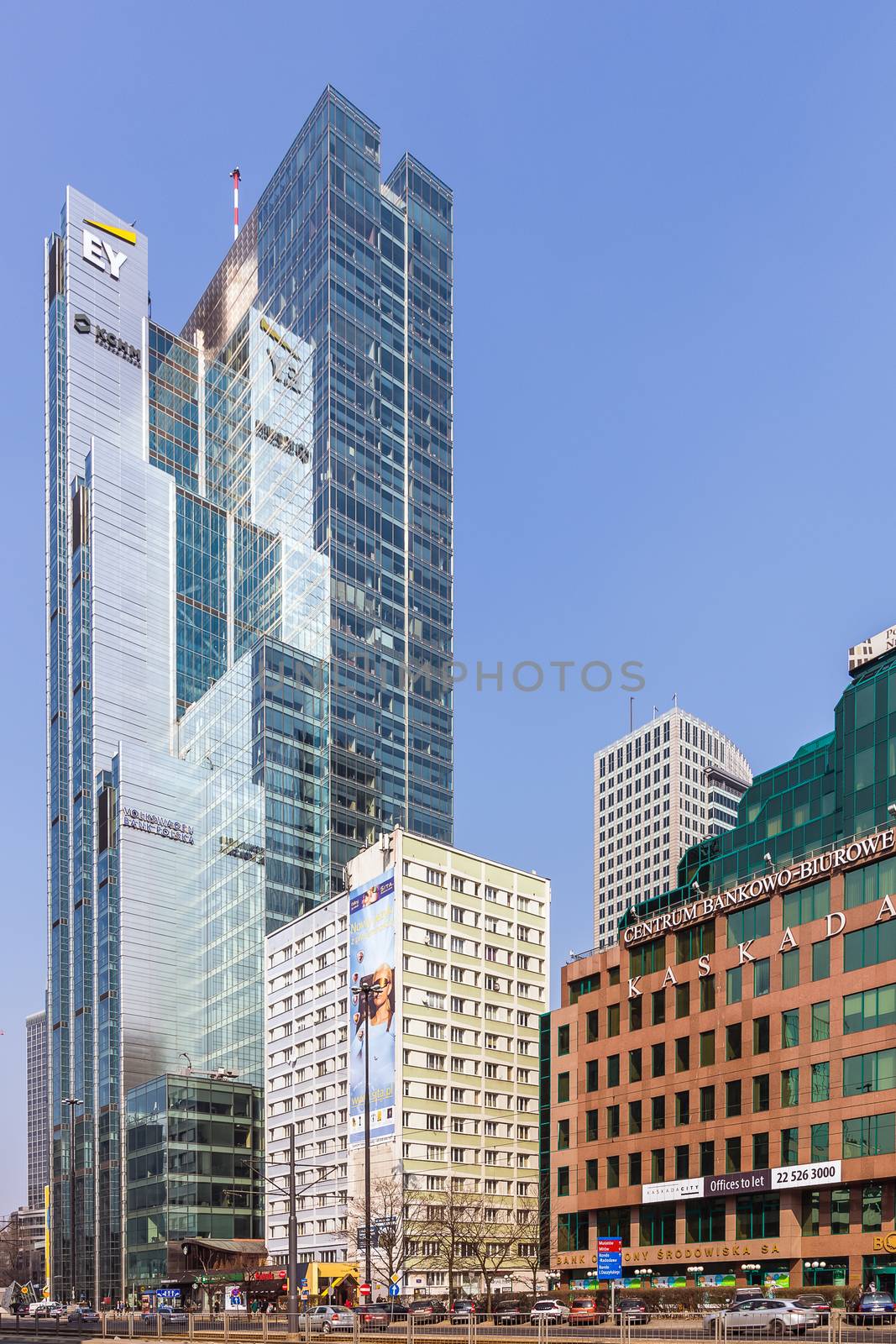 Warsaw downtown cityscape with Rondo ONZ Tower, office building designed by Skidmore, Owings and Merrill, the same firm that created famous Burj Khalifa in Dubai.