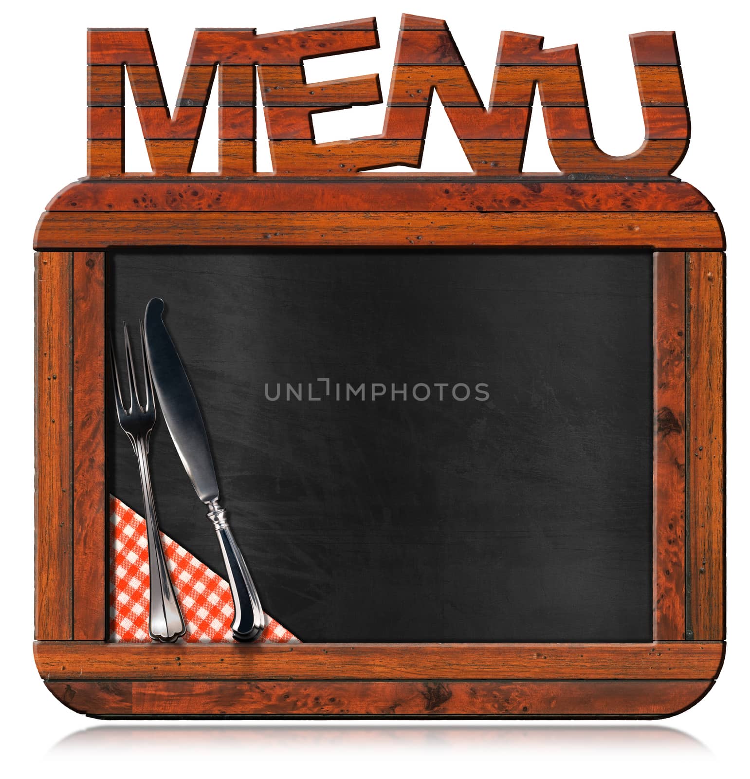Old empty blackboard with wooden rectangular frame with text menu, silver cutlery and checkered tablecloth. Template for recipes or food menu
