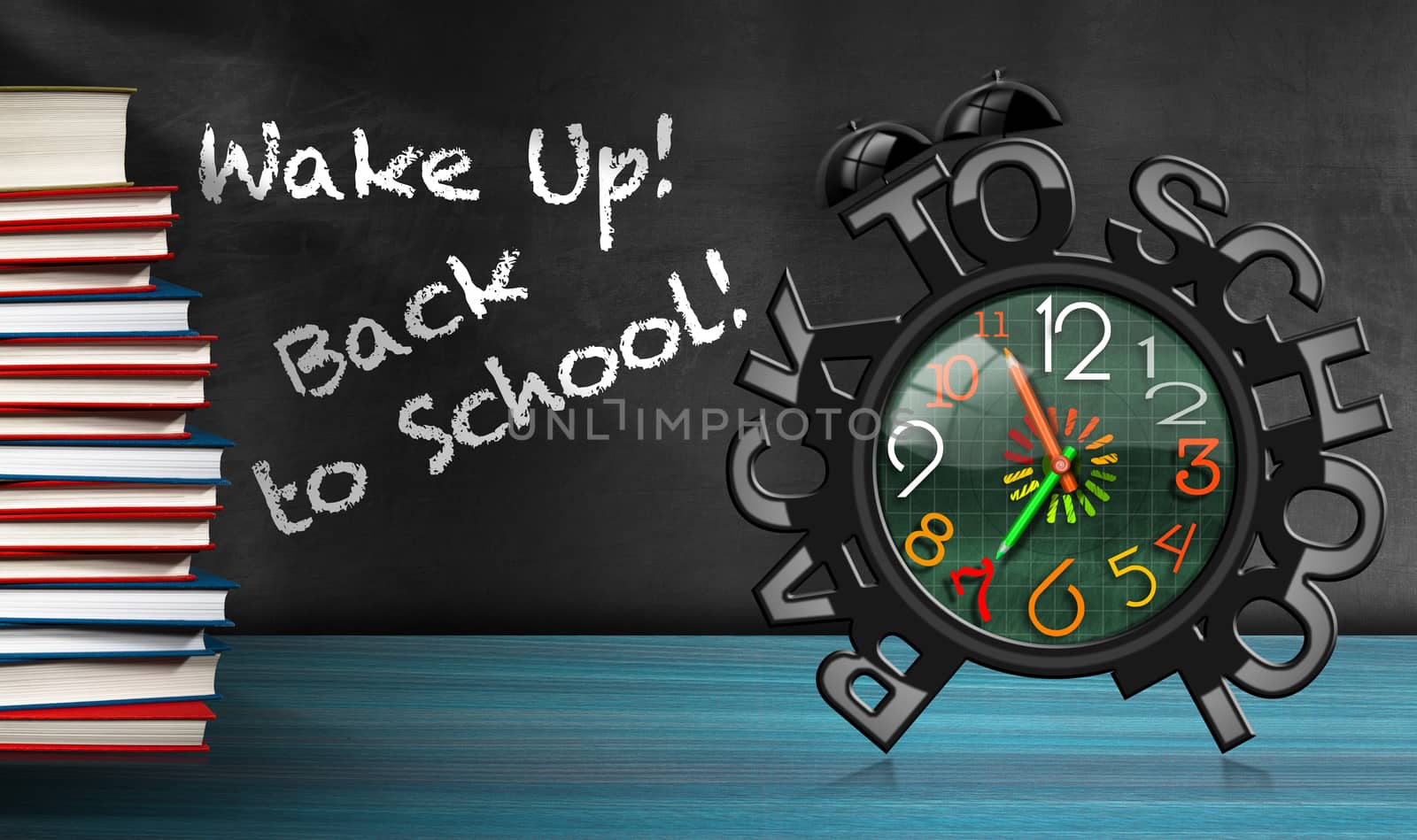 Colorful alarm clock with text Wake up! Back to school! On a desk with a stack of a books