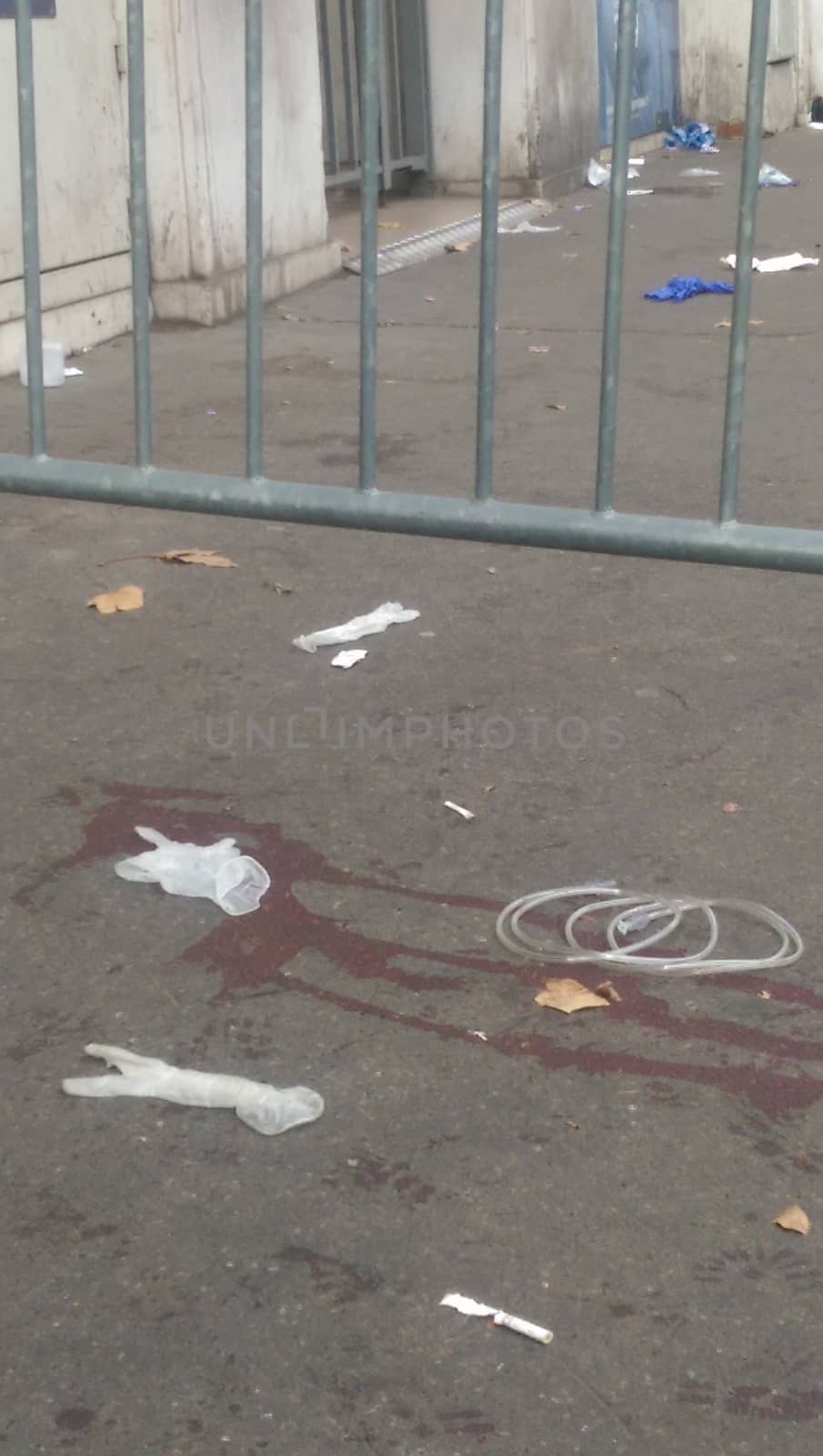 FRANCE, Paris: Blood from the attacks is seen as police block the area on surrounding the music hall on November 14, 2015 where 87 people were systematically slaughtered.The night of violence began to unfold around 21:00 CET and claimed nearly 130 lives. French President Francois Hollande acknowledged that the attacks were carried out by the terrorist organization called Islamic State. 