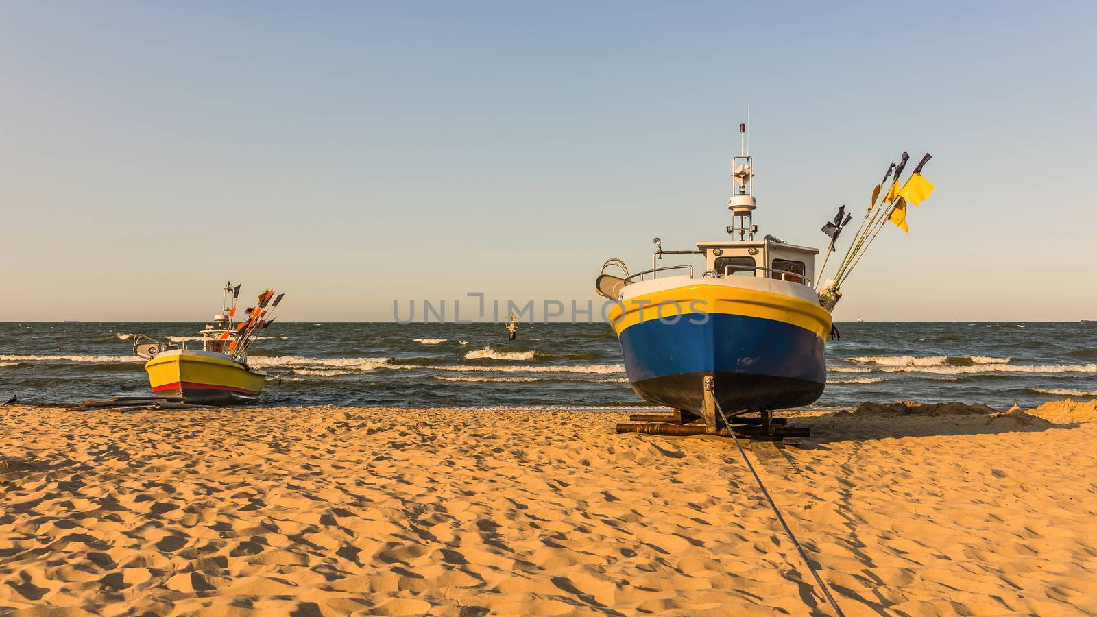 Fishing boats on a beach in Sopot, Poland.