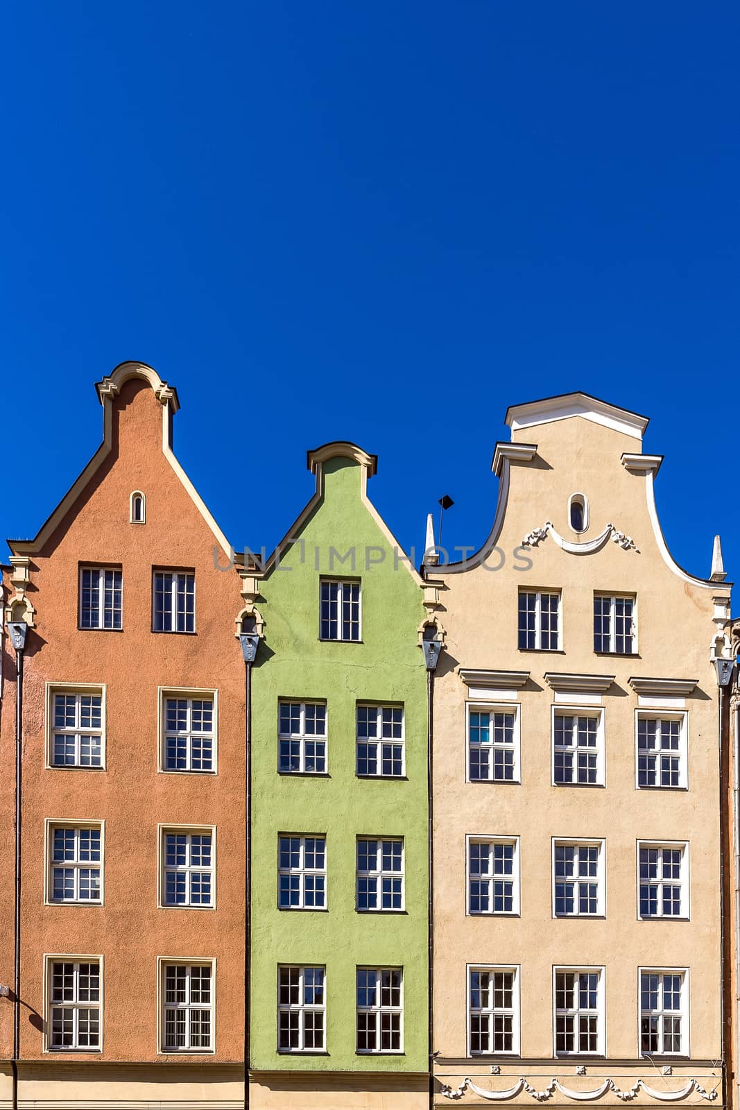 Facades of ancient tenements in the old town in Gdansk, Poland.