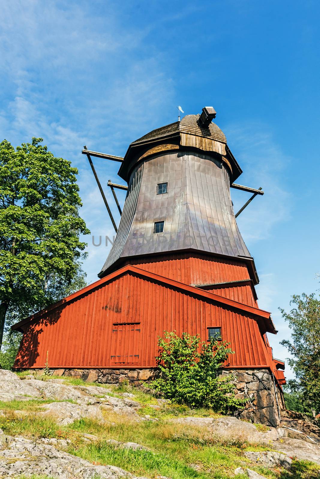 Dutch style ancient windmill built in 1785 on Djurgarden Island, Stockholm, Sweden.
