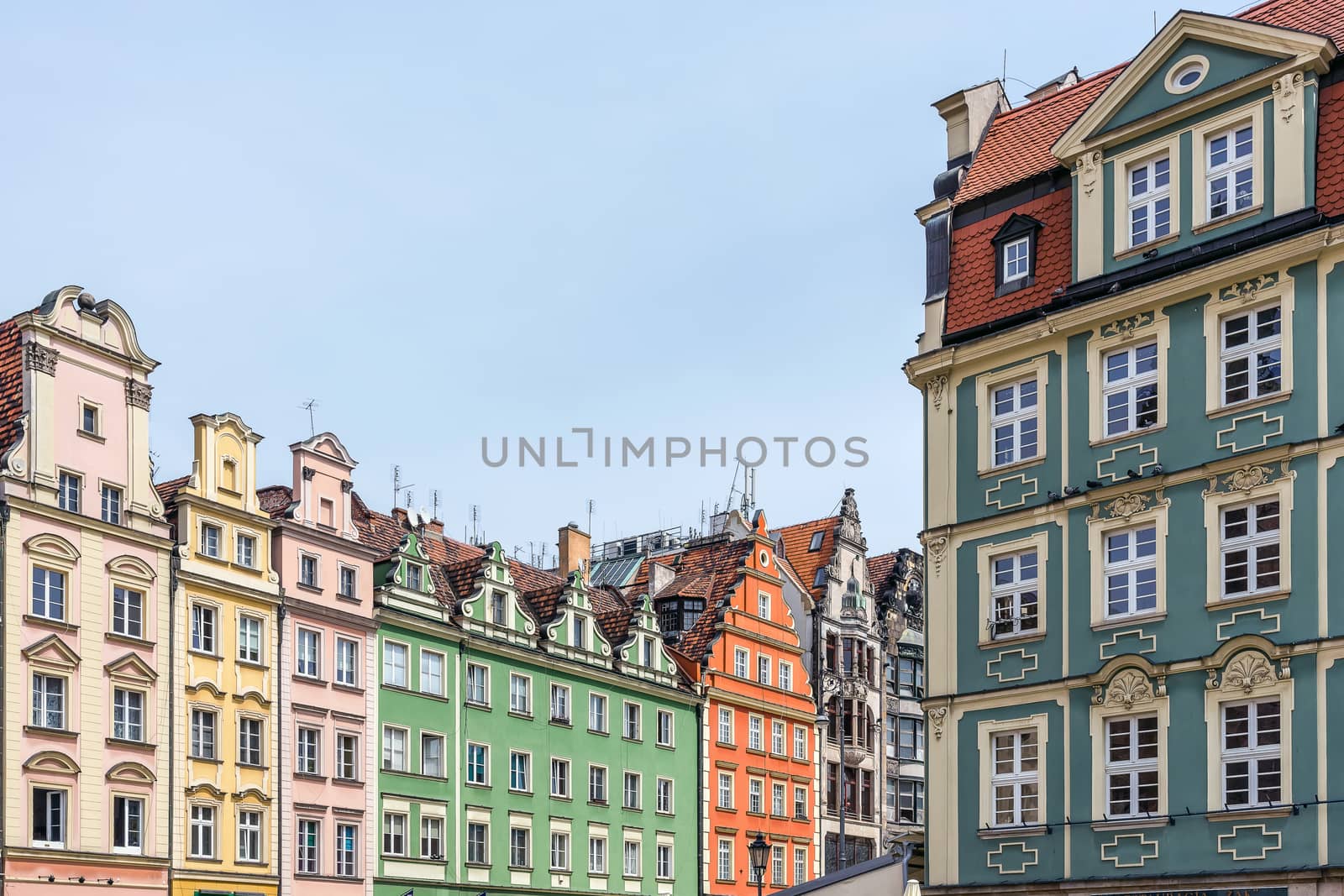 Facades of ancient tenements in the Old Town in Wroclaw, Poland.