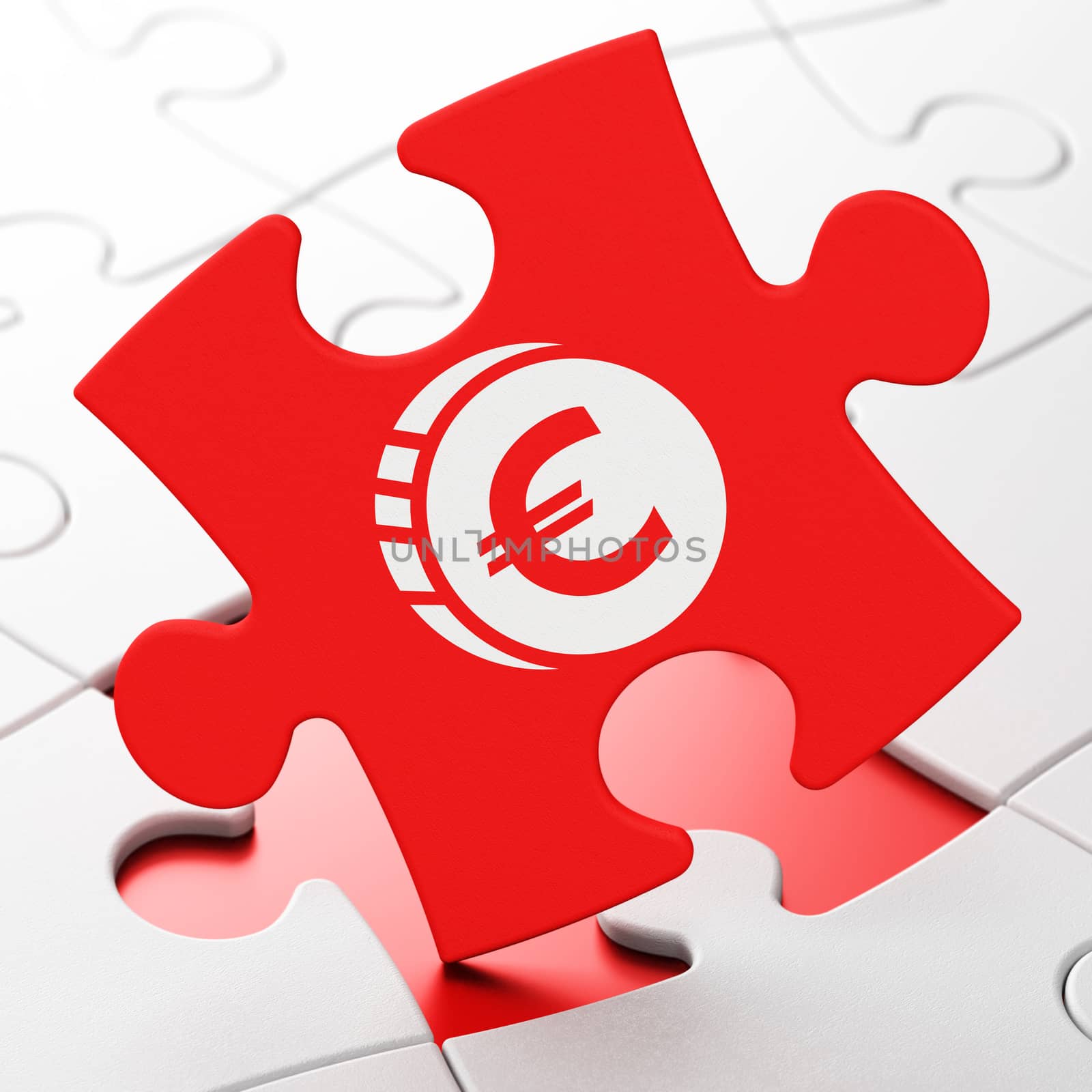 Money concept: Euro Coin on Red puzzle pieces background, 3d render