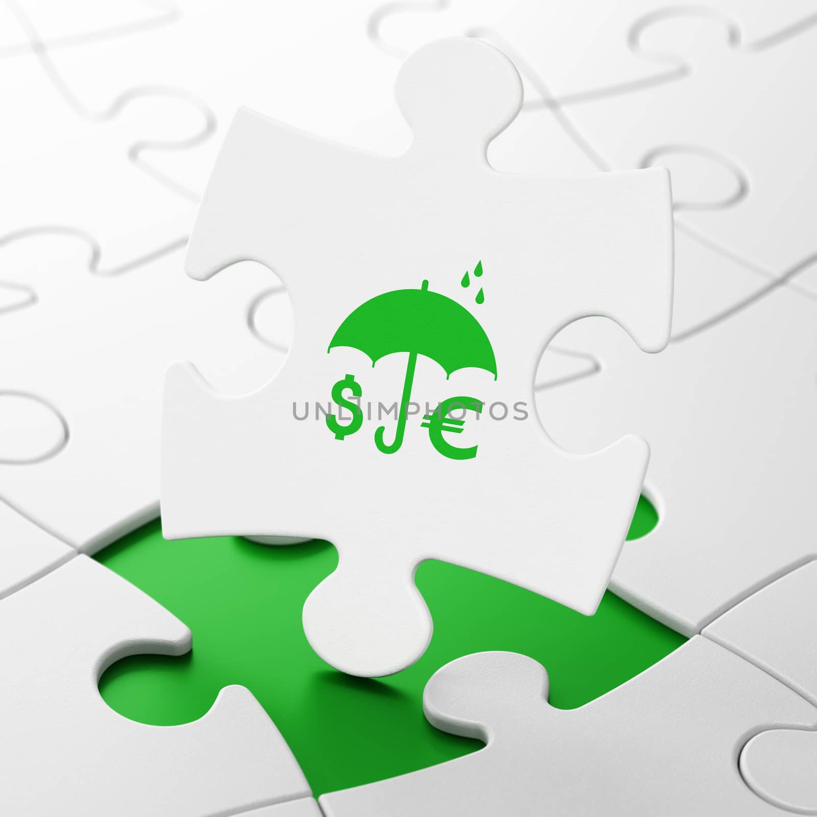 Protection concept: Money And Umbrella on White puzzle pieces background, 3d render