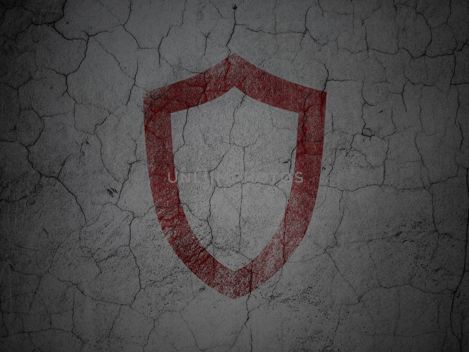 Security concept: Red Contoured Shield on grunge textured concrete wall background