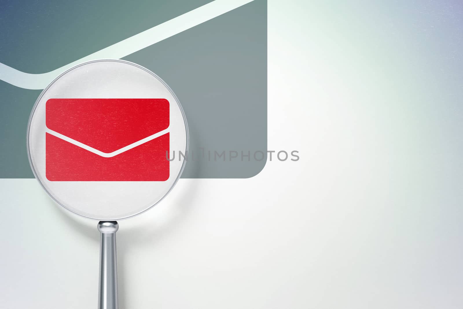 Business concept: magnifying optical glass with Email icon on digital background, empty copyspace for card, text, advertising