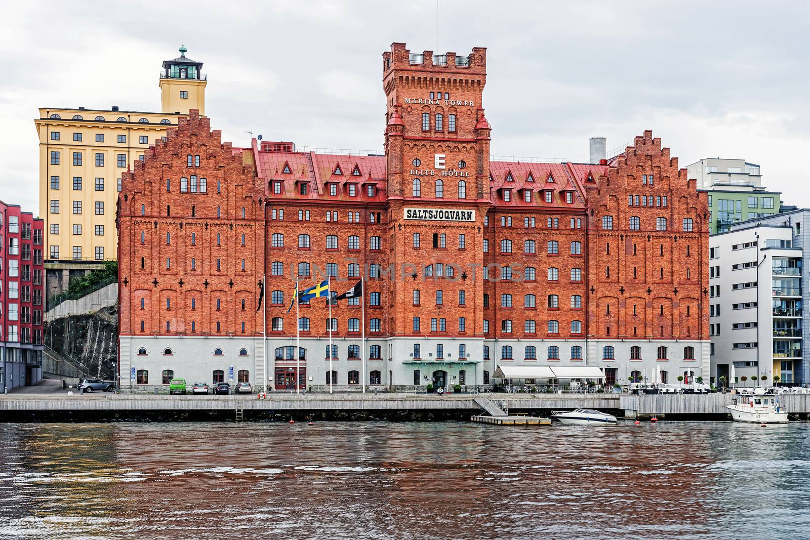 Elite Hotel Marina Tower in Stockholm located in a historical mill on the waterfront. The hotel offers 186 furnished hotel rooms, a restaurant and spa facility.