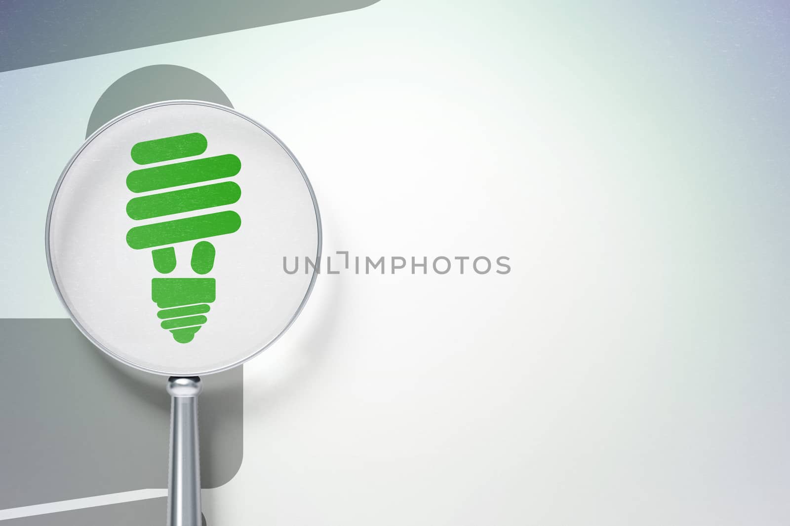 Finance concept: magnifying optical glass with Energy Saving Lamp icon on digital background, empty copyspace for card, text, advertising