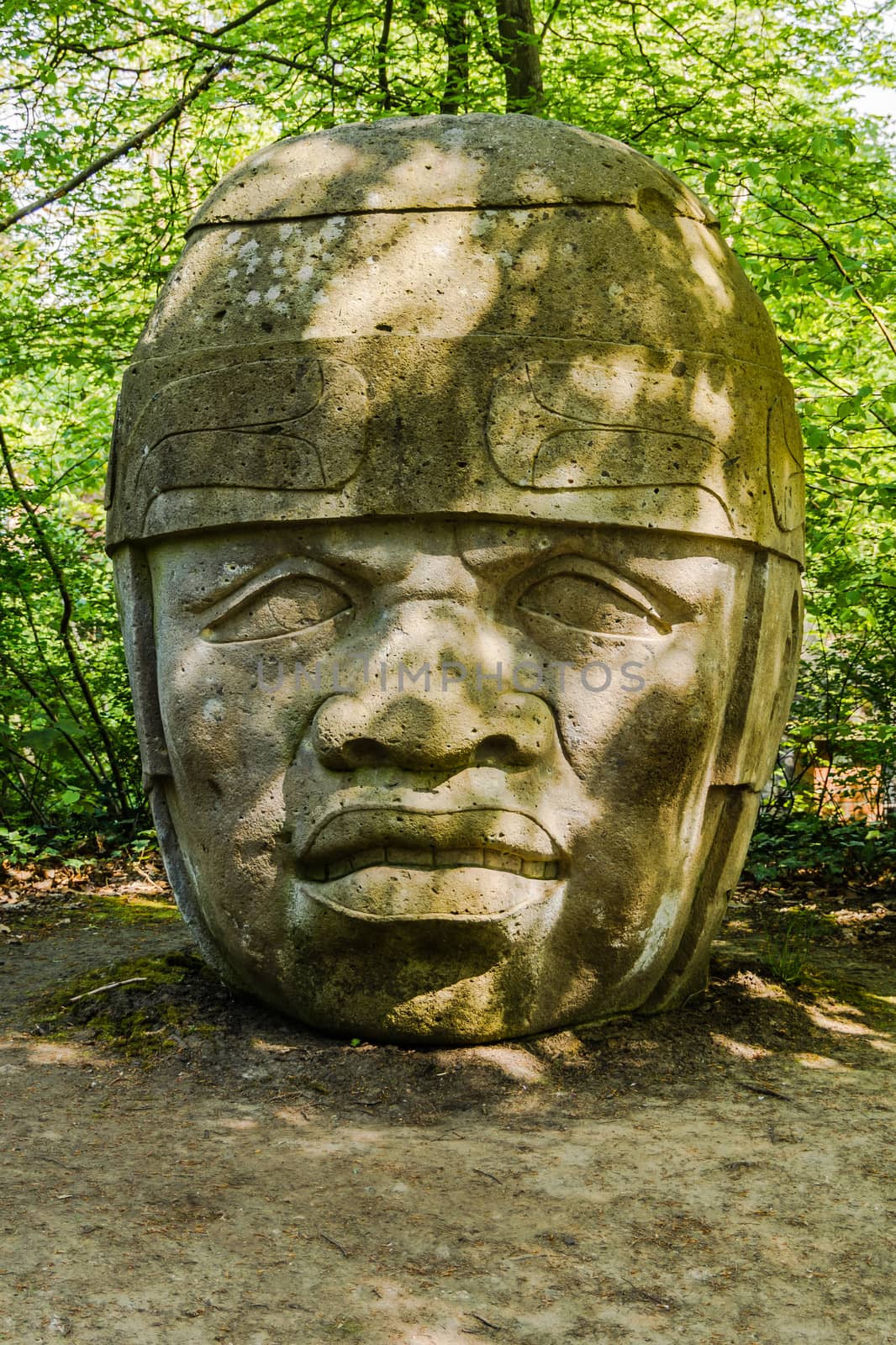 Replica of Olmec Head No 8 in Tournay-Solvay Park in Brussels. The original stands in the entrance of the University of Xalapa Museum of Anthropology in Veracruz, Mexico.