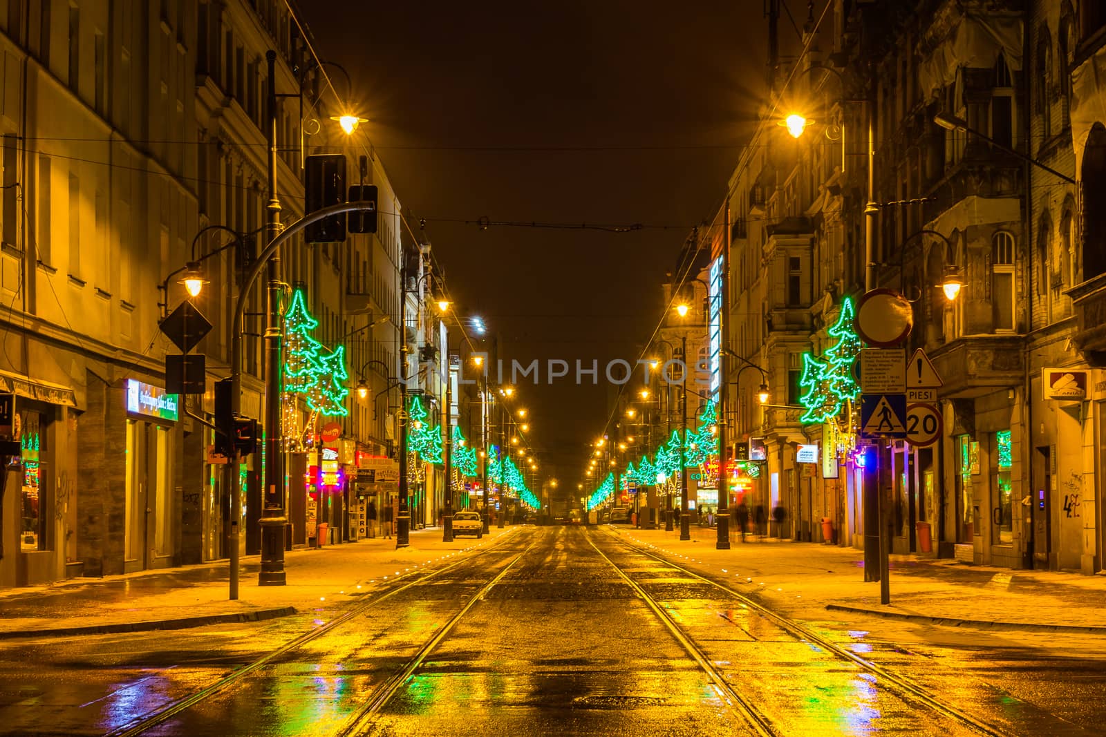 Night view of 3rd May street, the most prestigious avenue in Katowice, full of many shops including Galeria Katowicka, connects 2 main squares in the city.