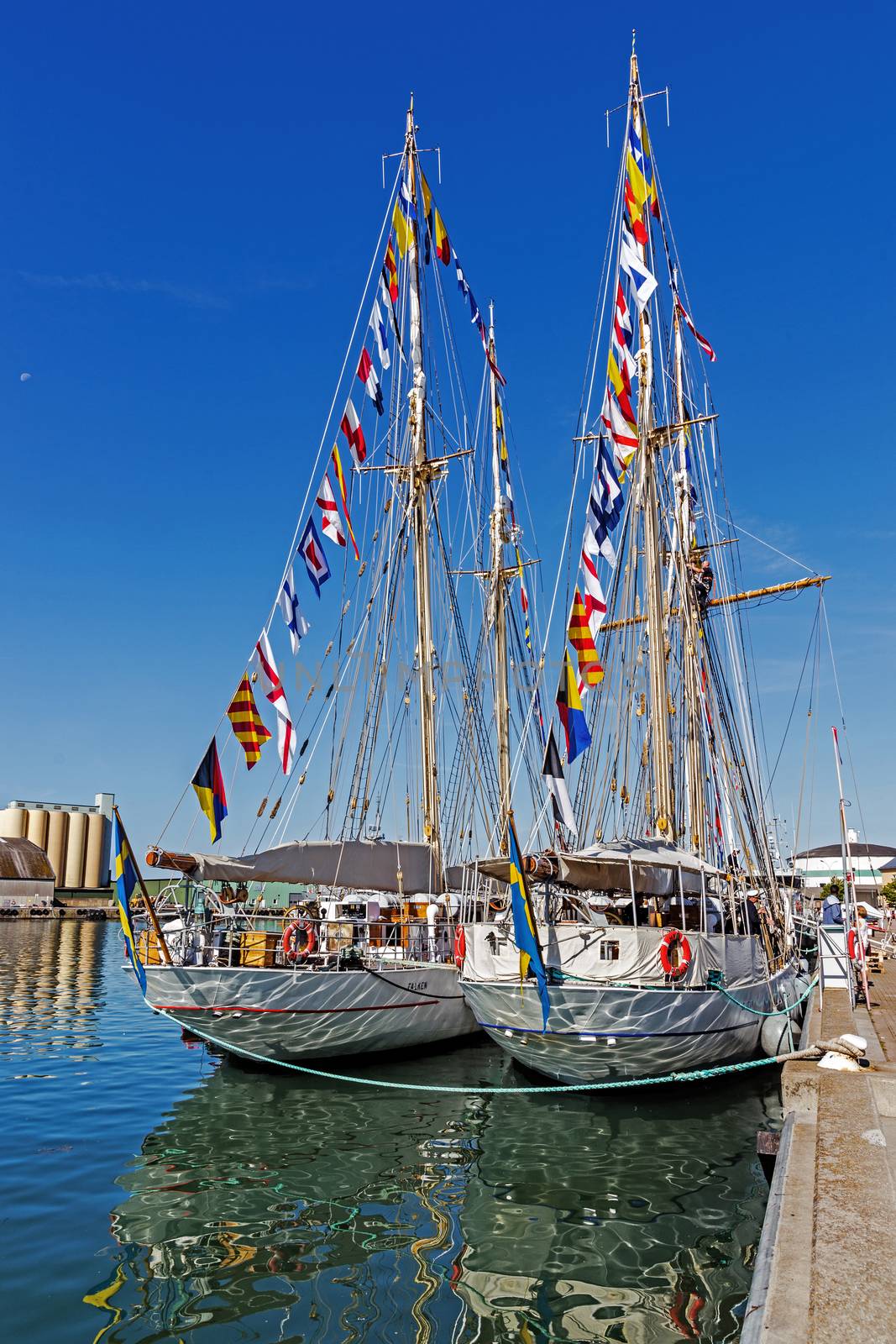 Sailing boats moored in the Port of Ystad during Nordic Cadet Meeting (NOCA) – annual event arranged by naval warfare academies of Sweden, Norway, Denmark and Finland.