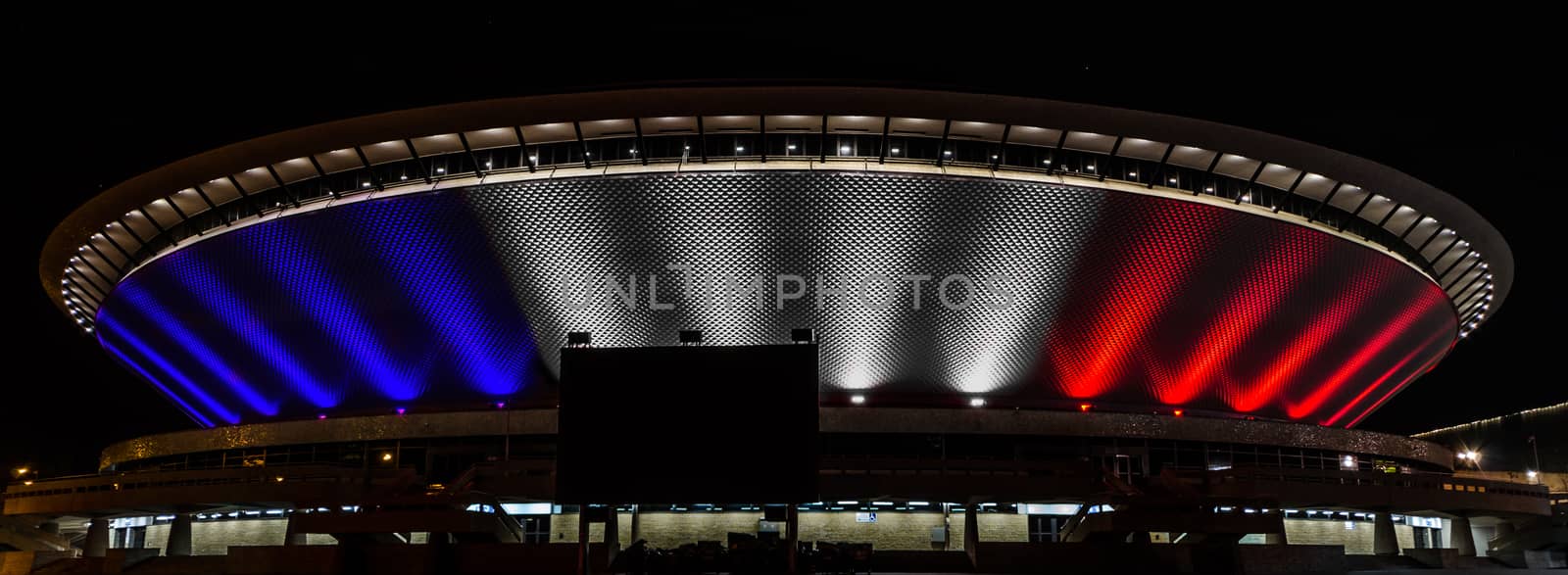 KATOWICE, POLAND - NOVEMBER 14: "Je suis Parisien" lights at Voivodeship Sport and Show Arena called Spodek, November 14, 2015 in Katowice, Poland
