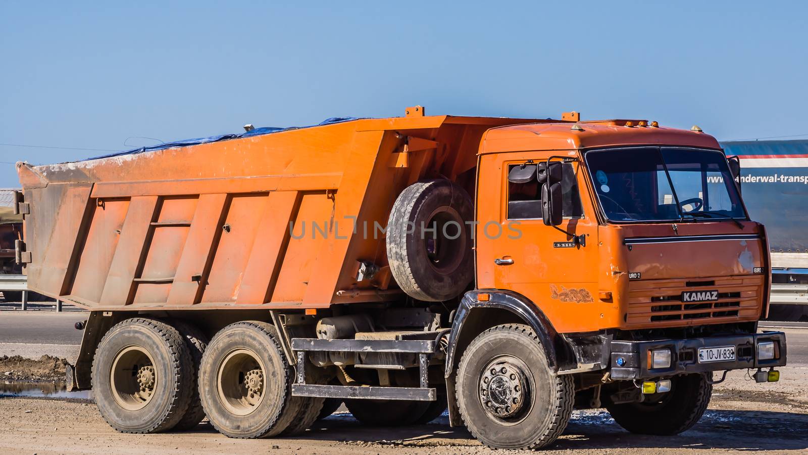 Old Kamaz truck by the highway in Zarat, on September 13, 2012. Kamaz trucks produced in the former Soviet Union are still widely used by Azerbaijani transport industry.