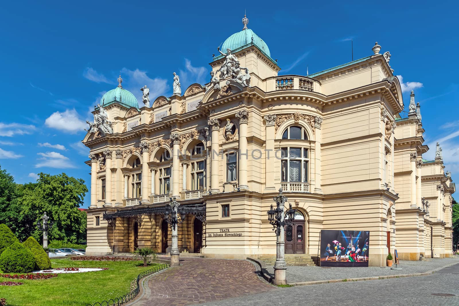 Juliusz Słowacki Theatre in Kraków founded in 1893 in a beautiful Neo-Baroque edifice. The well-known theatre is considered one of the most distinguished Polish scenes.