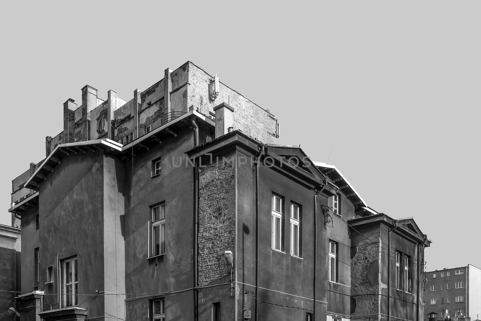 Black and white cityscape, Katowice, Silesia region, Poland.