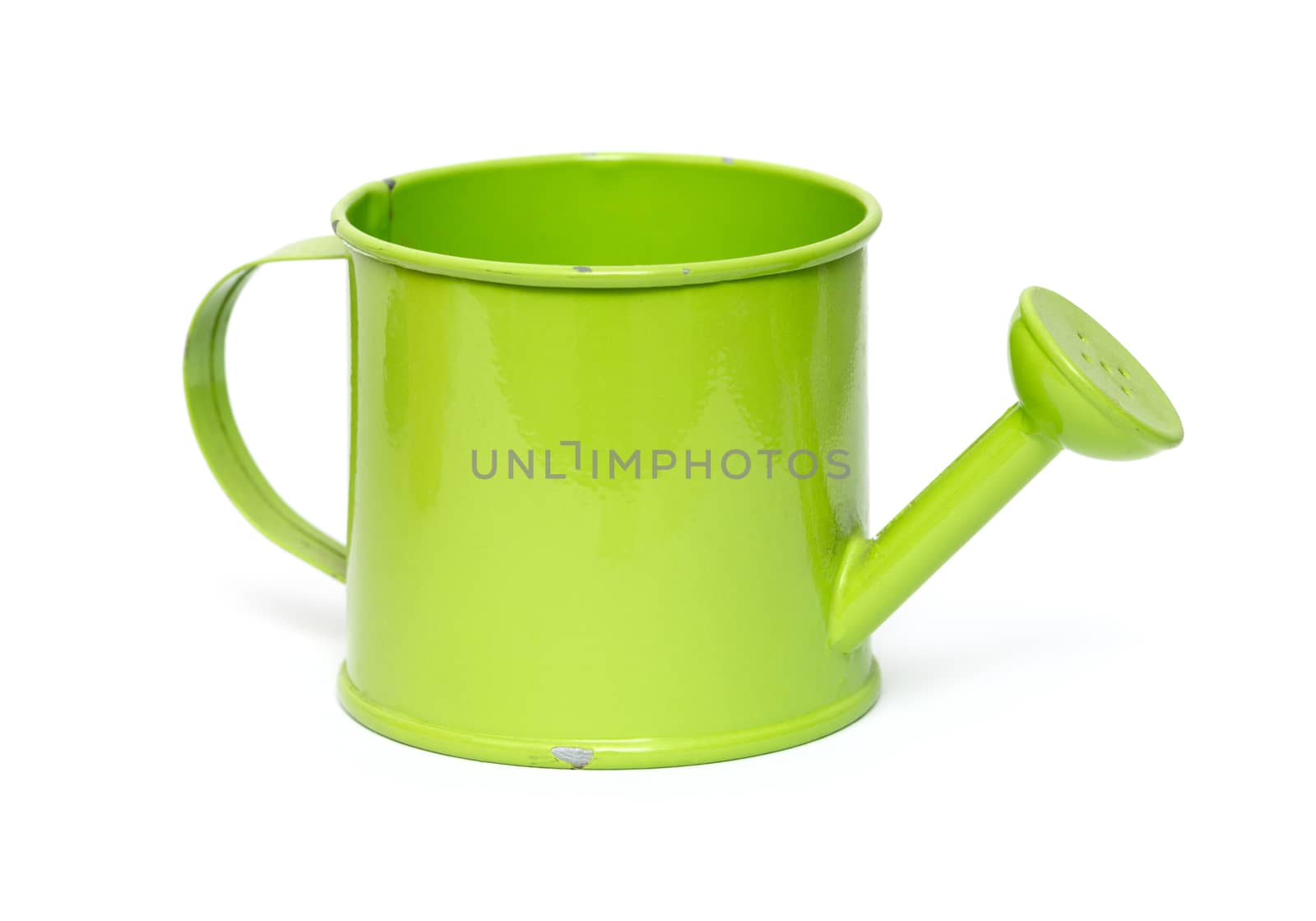 Gardening: little green watering can, isolated on white background