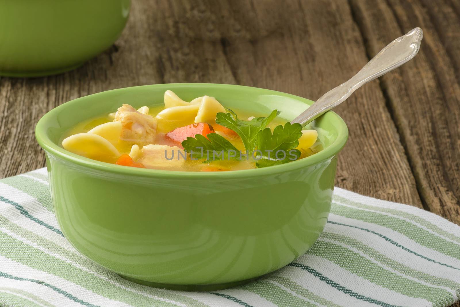 Bowl of delicious homemade chicken noodle soup.