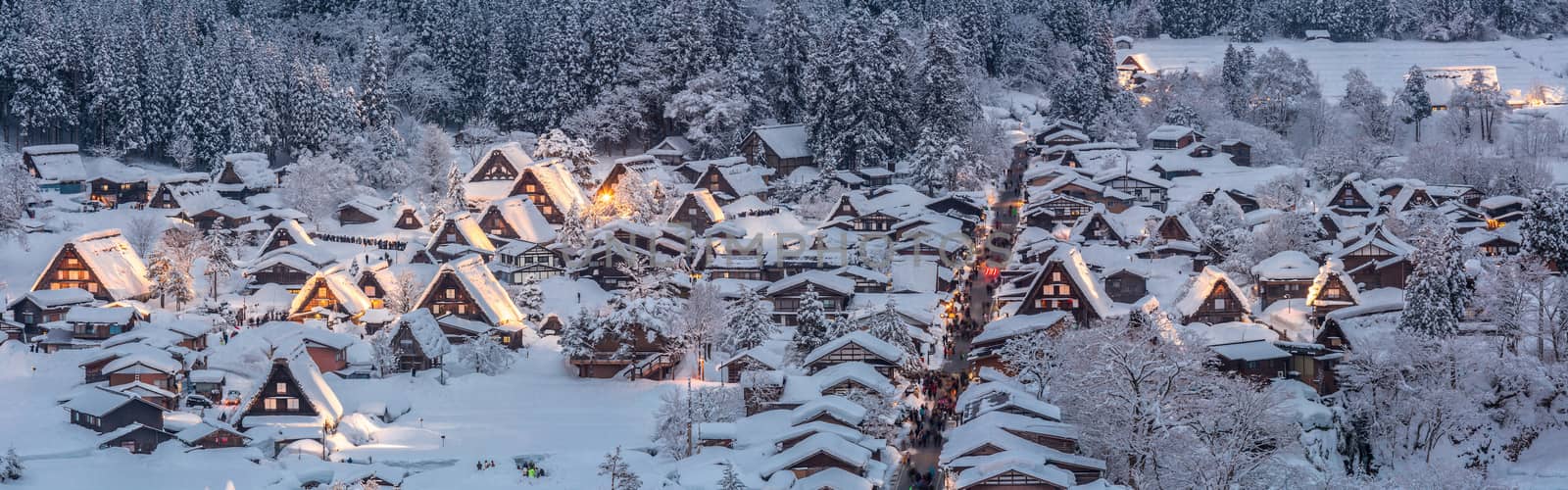 Shirakawago light-up with Snowfall Gifu Chubu Japan Panorama