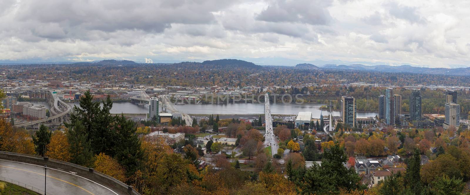 Bridges of Portland Oregon Over Willamette River with Fall Season Color Panorama