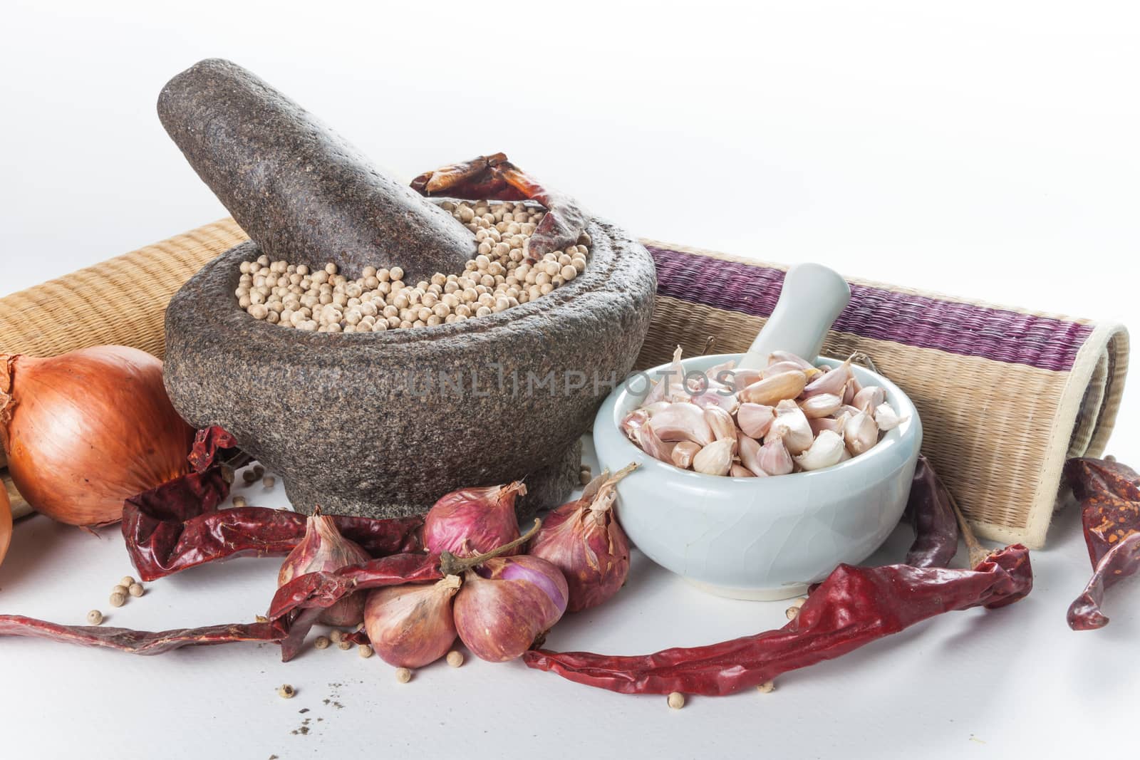 Still life of asia seasoning on white - hot spicy seasoning