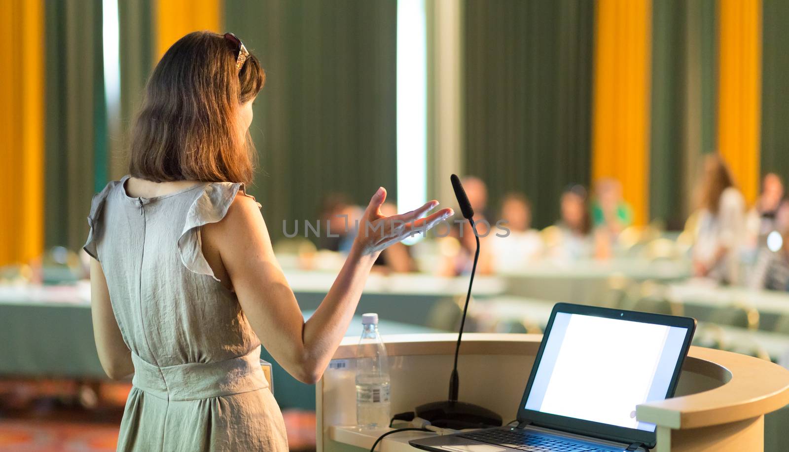 Female speaker at Business Conference and Presentation. Audience at the conference hall. Business and Entrepreneurship. Business woman. Horizontal composition.