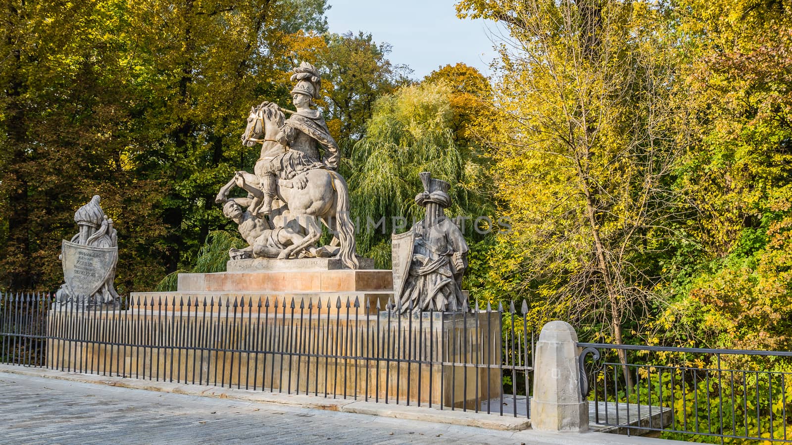 Monument to Polish king Jan III Sobieski in the Lazienki Park (Royal Baths) in Warsaw, Poland.