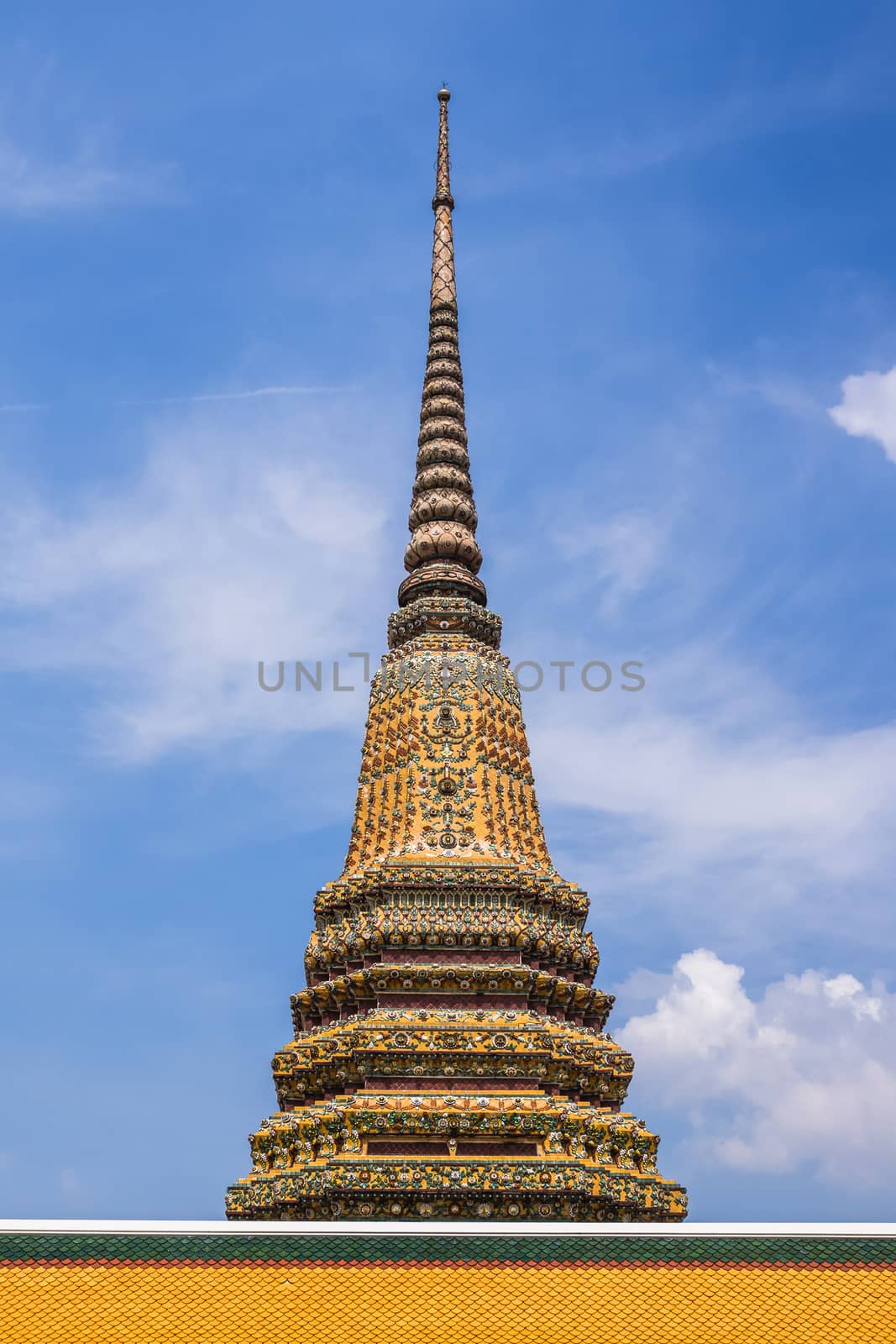 Part of the stupa in the complex of Wat Pho, the Temple of the Reclining Buddha in Bangkok, Thailand.