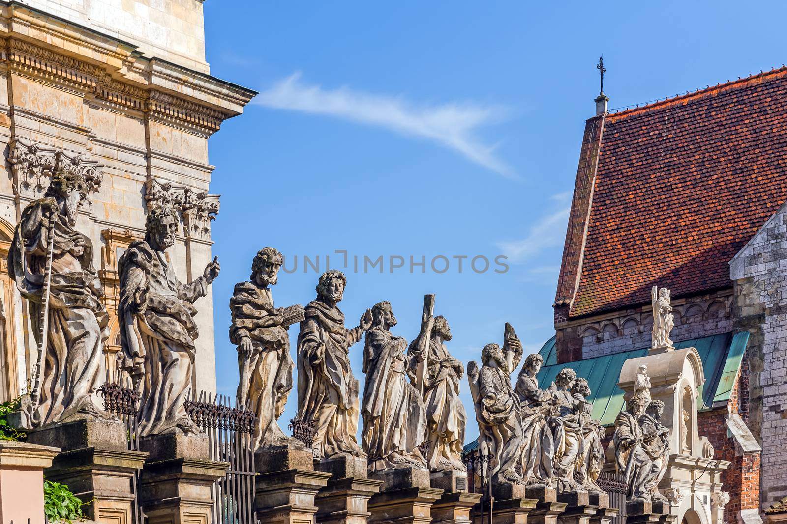 Statues of the Saints in front of The Church of Saints Peter and Paul, built in Baroque style, in Krakow, Poland.