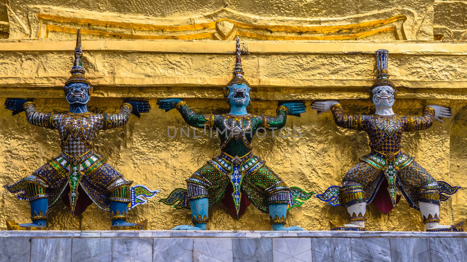 Architectural details of The Wat Phra Kaew (The Temple of the Emerald Buddha) in Bangkok, Thailand.
