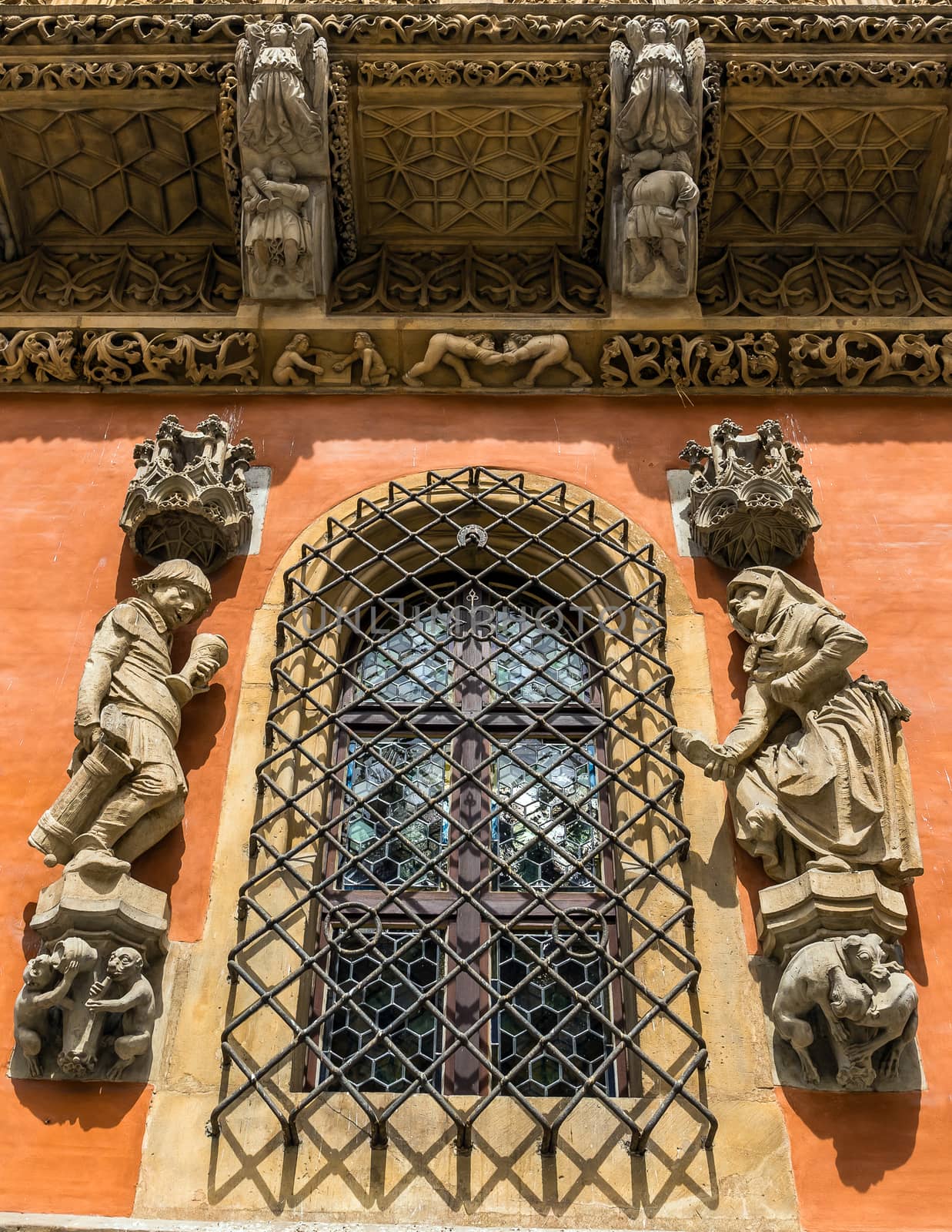 Sculptures and architectural details on the Old Town Hall in the Market Square in Wroclaw, Poland.