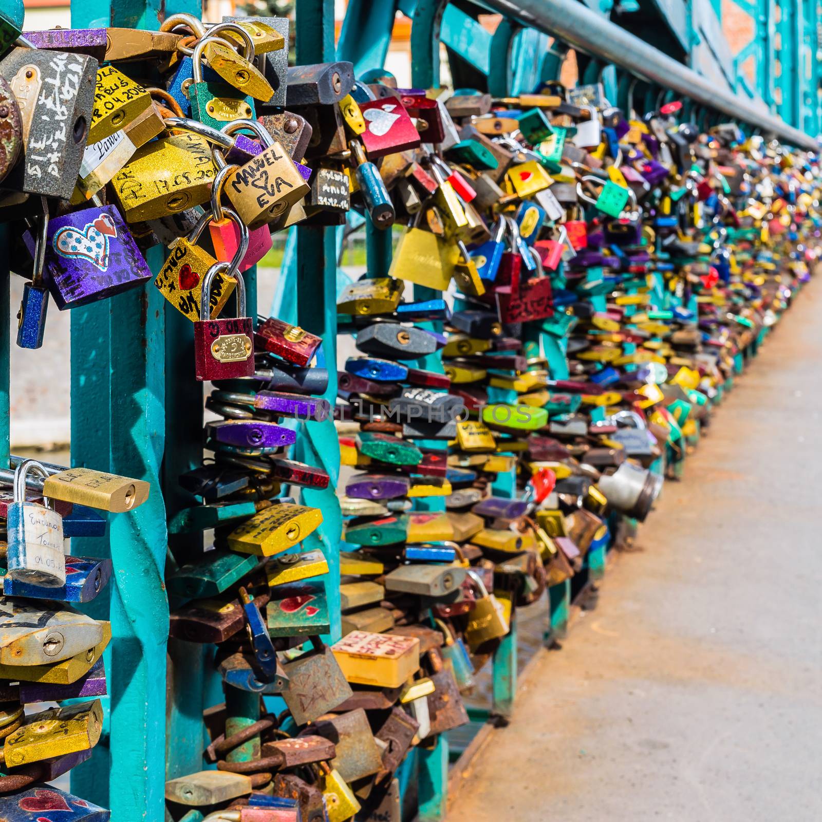 Padlocks left on Tumski Bridge (also called Lovers Bridge) left by lovers who this way confirm a strength of their feelings.