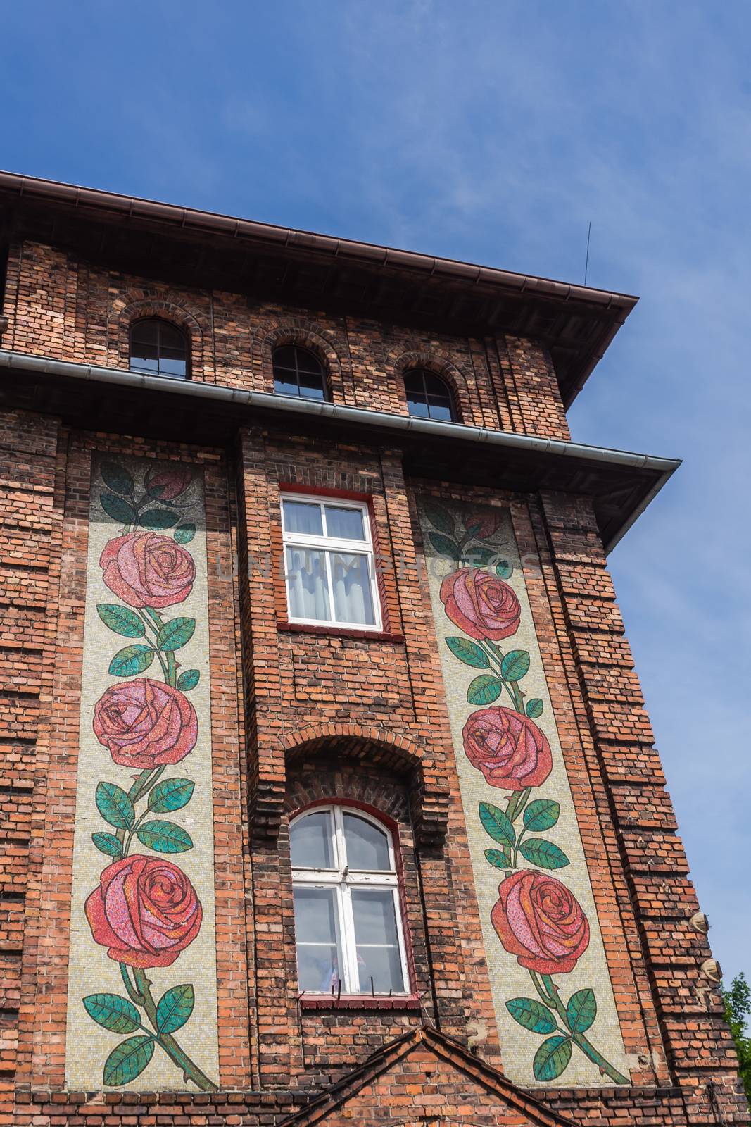 Mosaic on the facade of the Post Office in Nikiszowiec, district of Katowice. The place is unique historic coal miners' settlement, built between 1908 -1918.