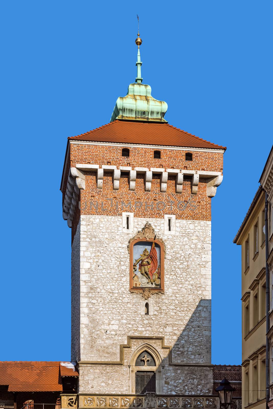 Medieval St.Florian's Gate tower in the Krakow Old Town Poland. Built of stone about the 14th century as a part of the town fortifications.