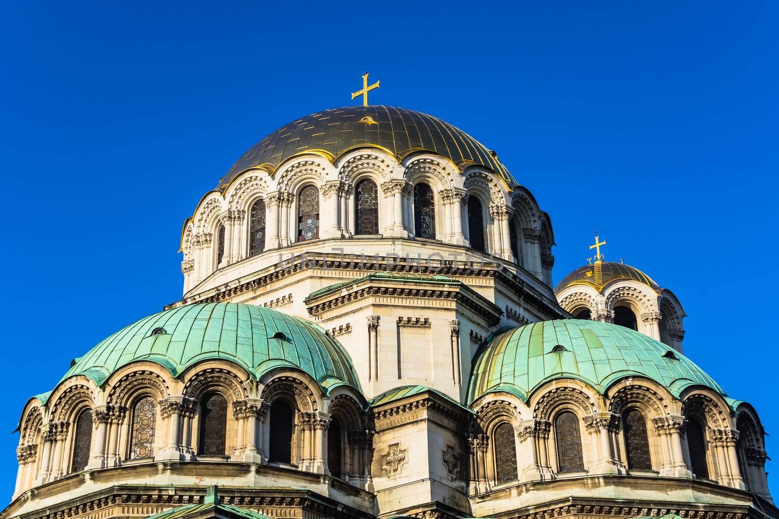 Close up of St. Alexander Nevski Orthodox Cathedral in Sofia, Bulgaria.
