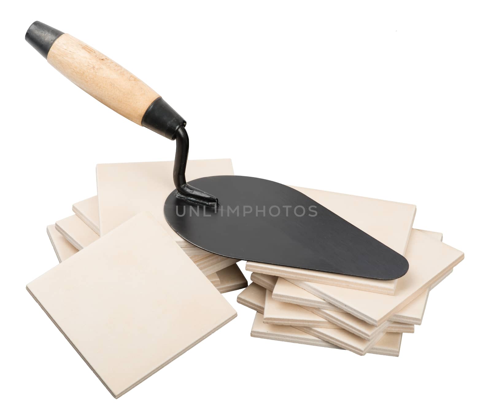 Pile of tiles with float on black backround, side view