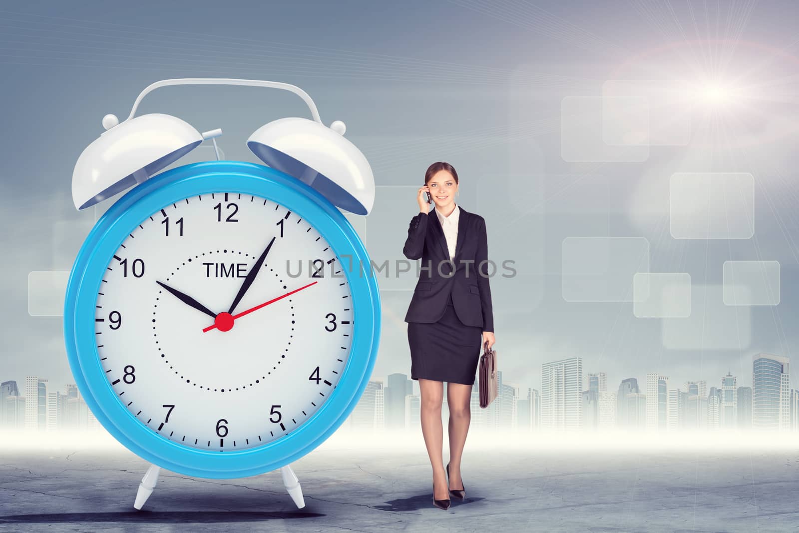 Woman talking on cell phone with big alarm clock on city background