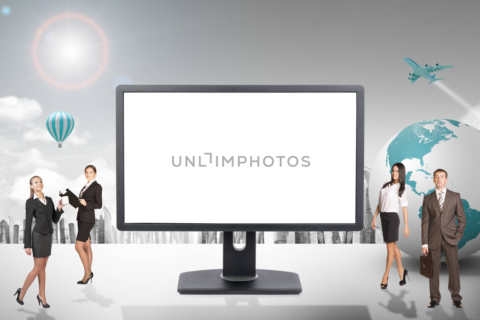 Buisnesspeople with blank screen monitor by cherezoff