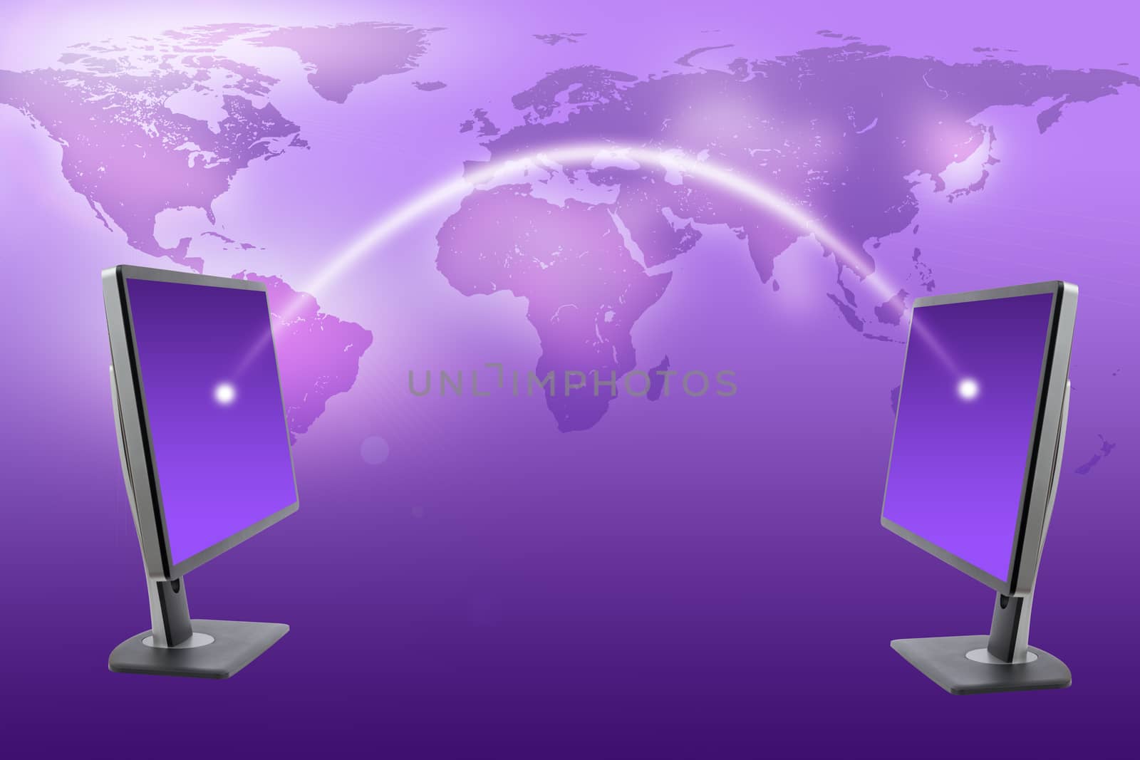 Monitors with world map on purple by cherezoff