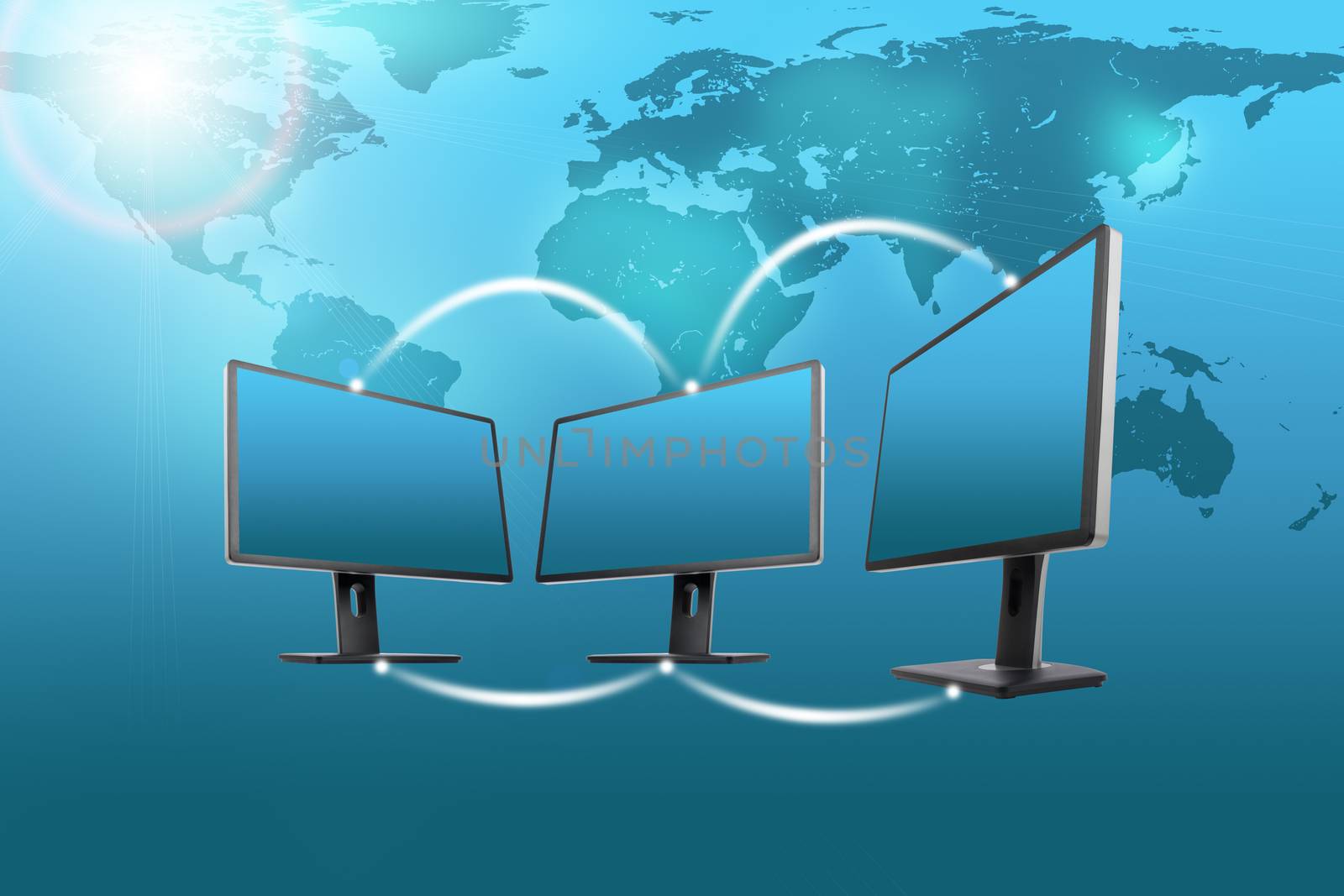 Set of monitors with world map on blue by cherezoff