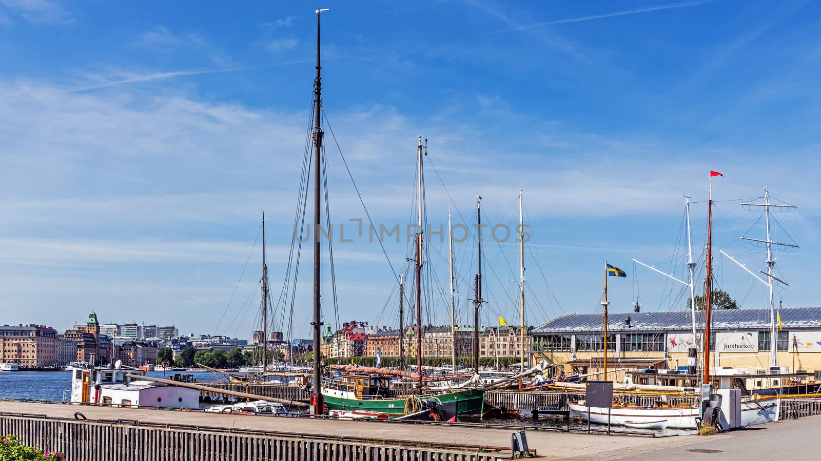 Boats moored in front of the Vasa Museum on the Djurgarden island in Stockholm. In the background Strandvagen, boulevard considered the most prestigious avenue in town.