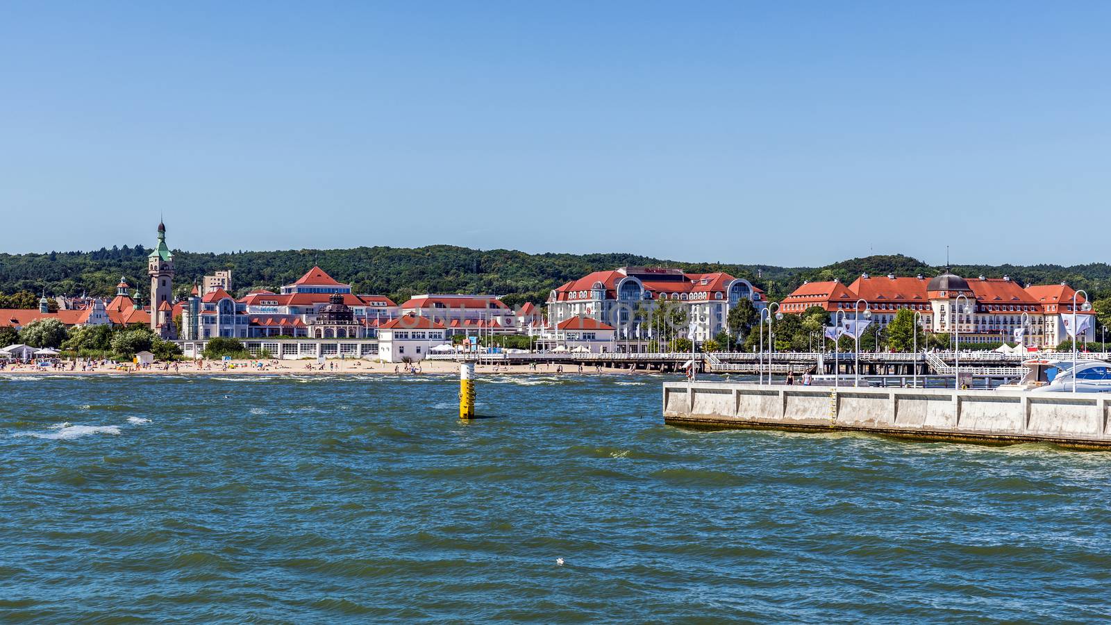 Skyline of Sopot, a major health-spa and tourist resort on the Polish Baltic Sea coast with two luxury hotels, old style Sofitel Grand and modern Sheraton.