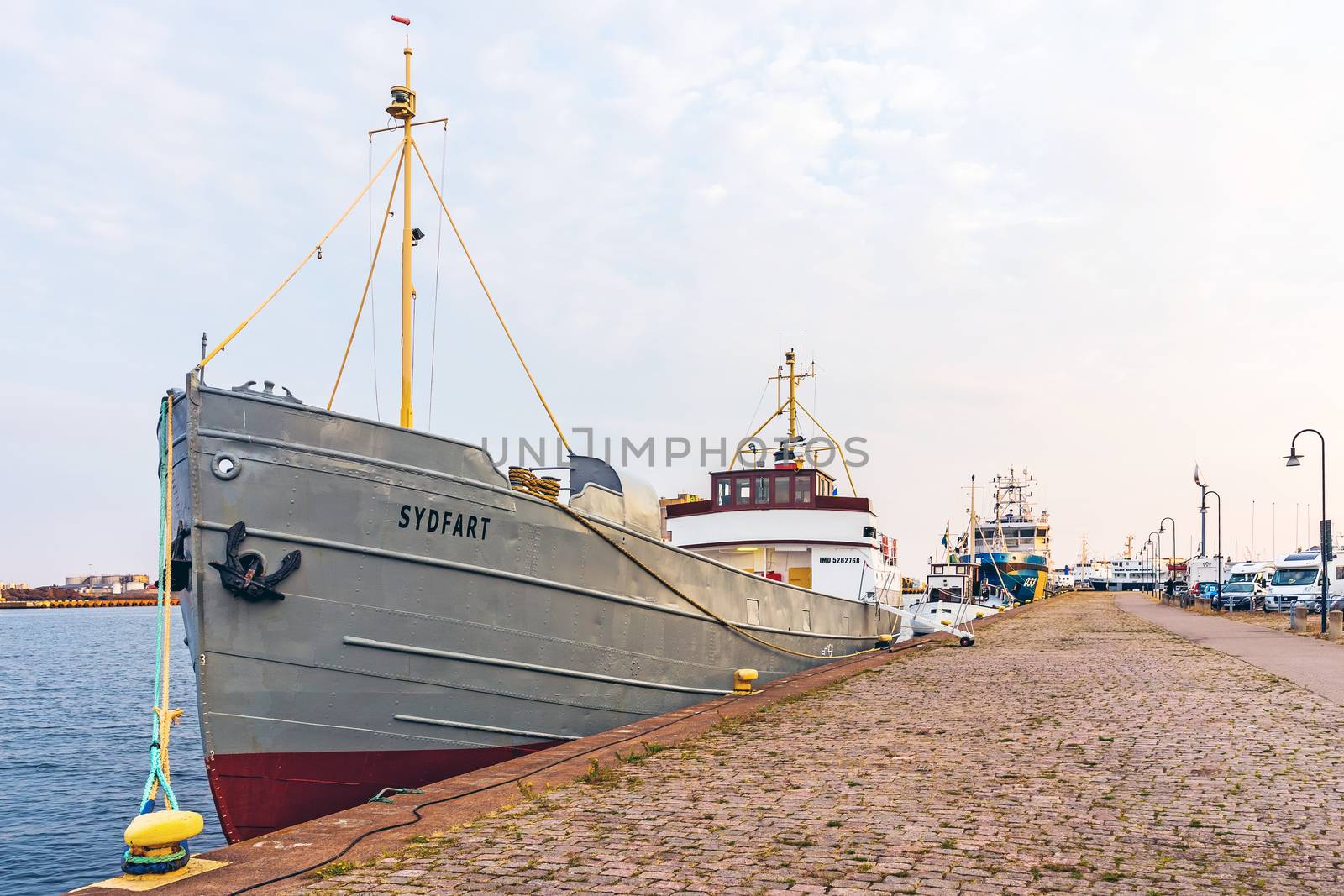 Ships moored in the Port of Kalmar. The port owned by the municipality of Kalmar handles 1 million tons of goods per year mainly petroleum, forestry and agricultural.