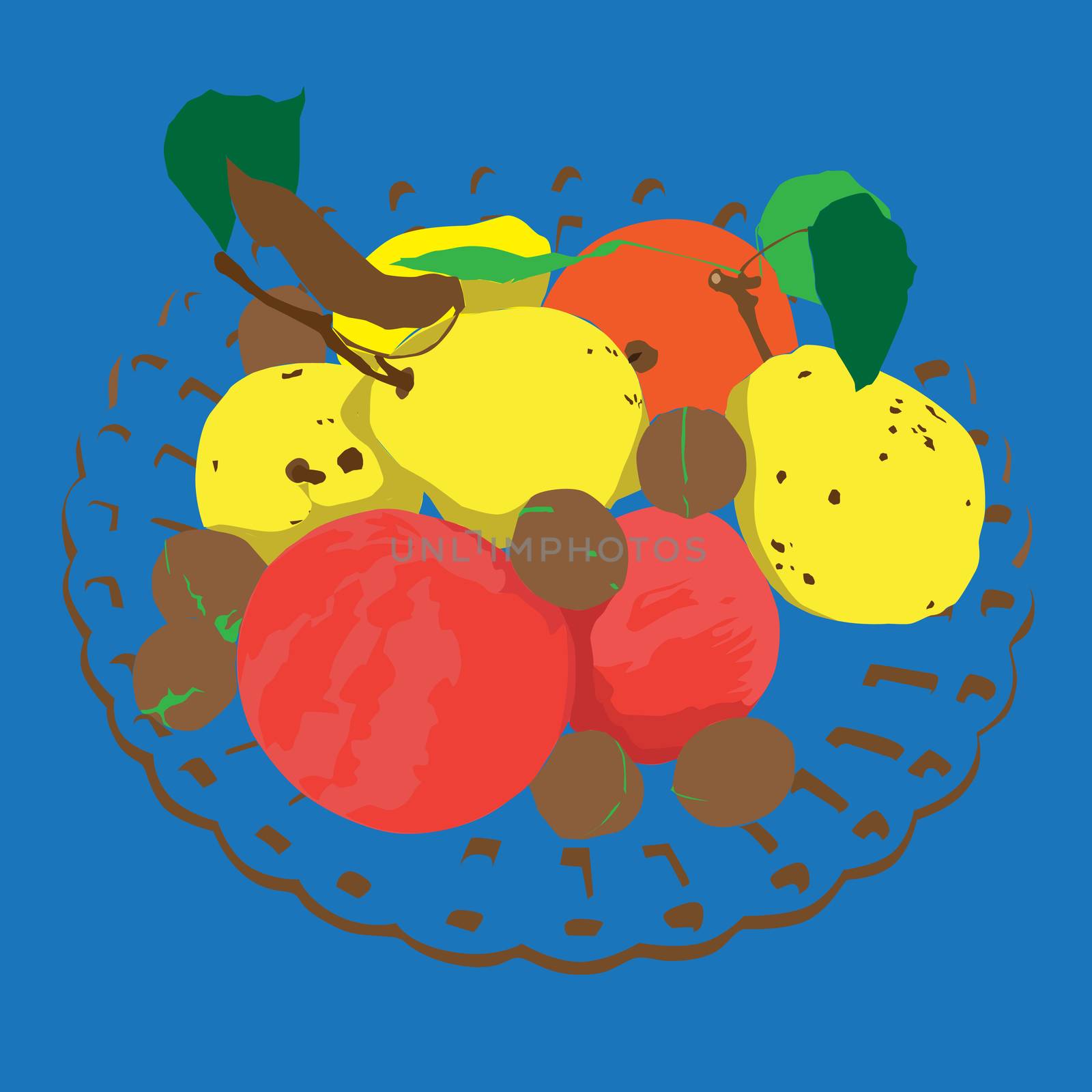 Autumn composition, hand drawn illustration of a plate with fruits over a blue background