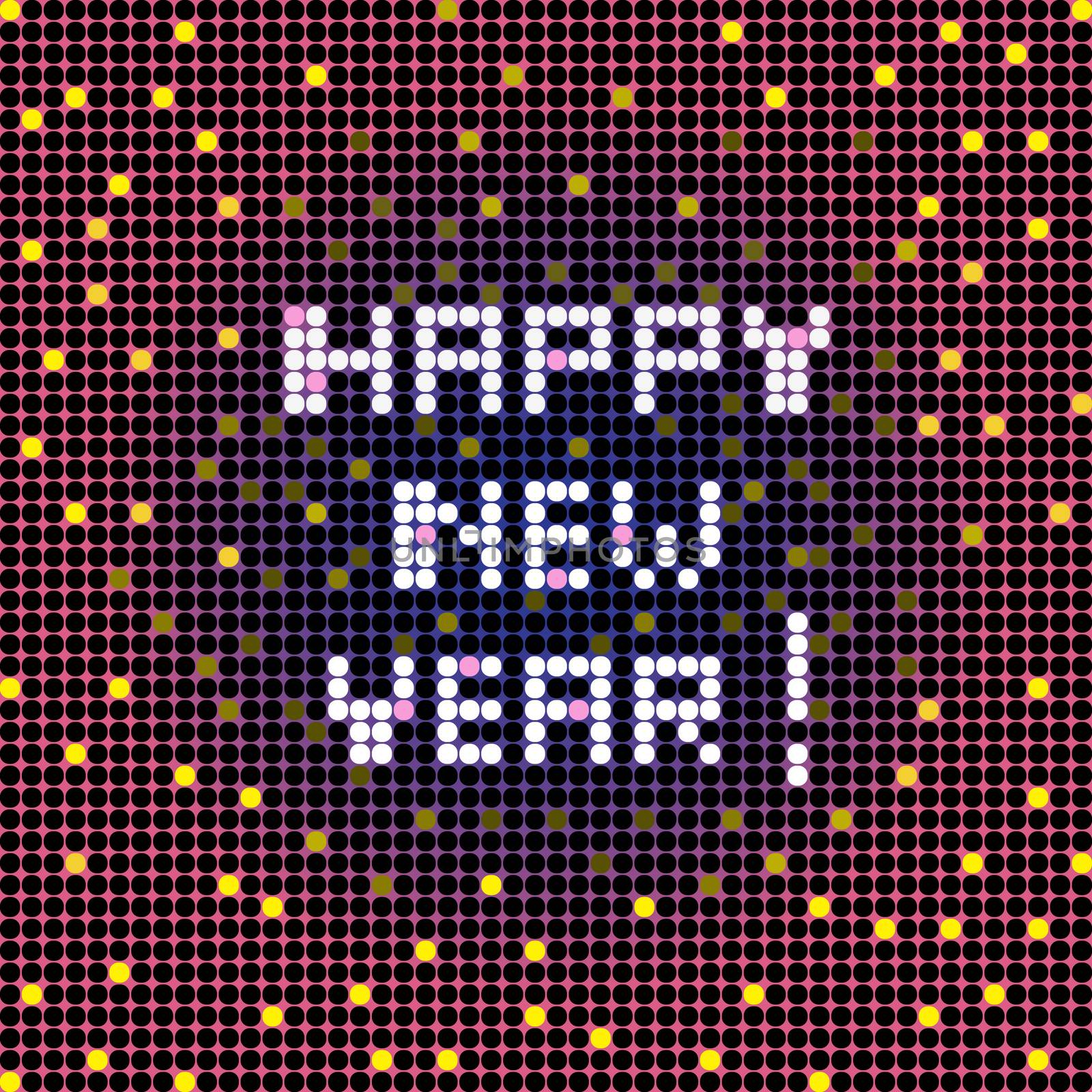Happy New Year warm greetings card, pixel Pop Art illustration of a scoreboard composition with digital text and confetti
