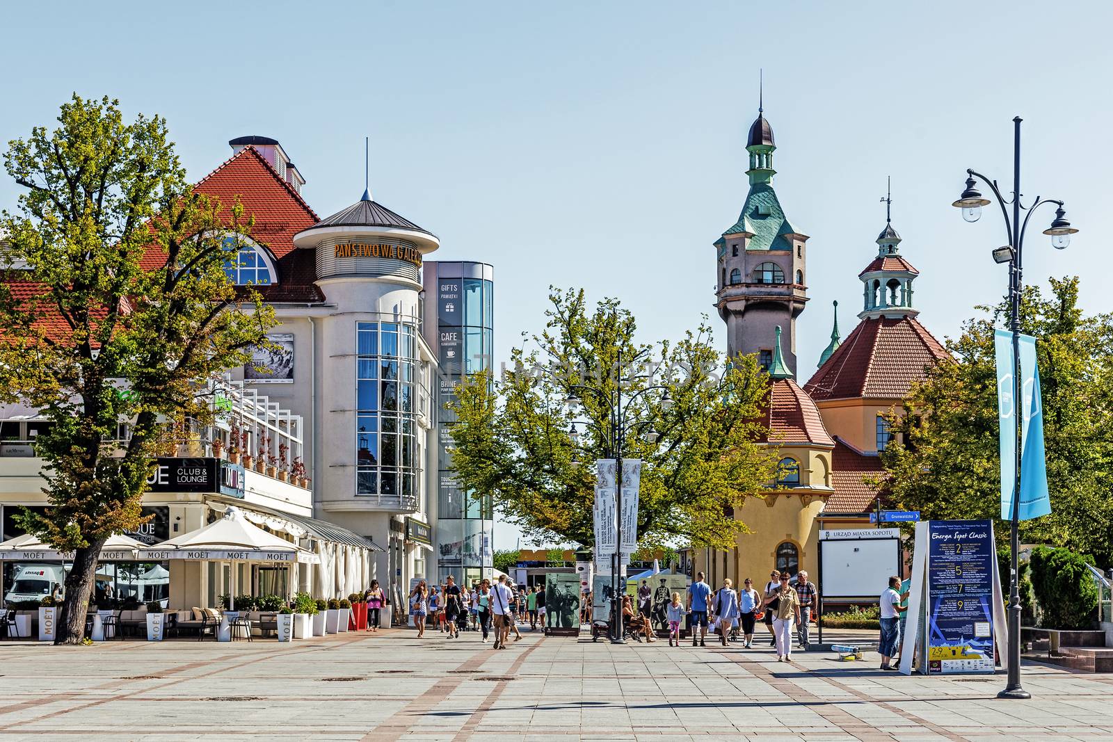 Scenes from main promenade in Sopot. The city is a major health-spa and tourist resort destination in Poland with the longest wooden pier in Europe at 515.5 meters.