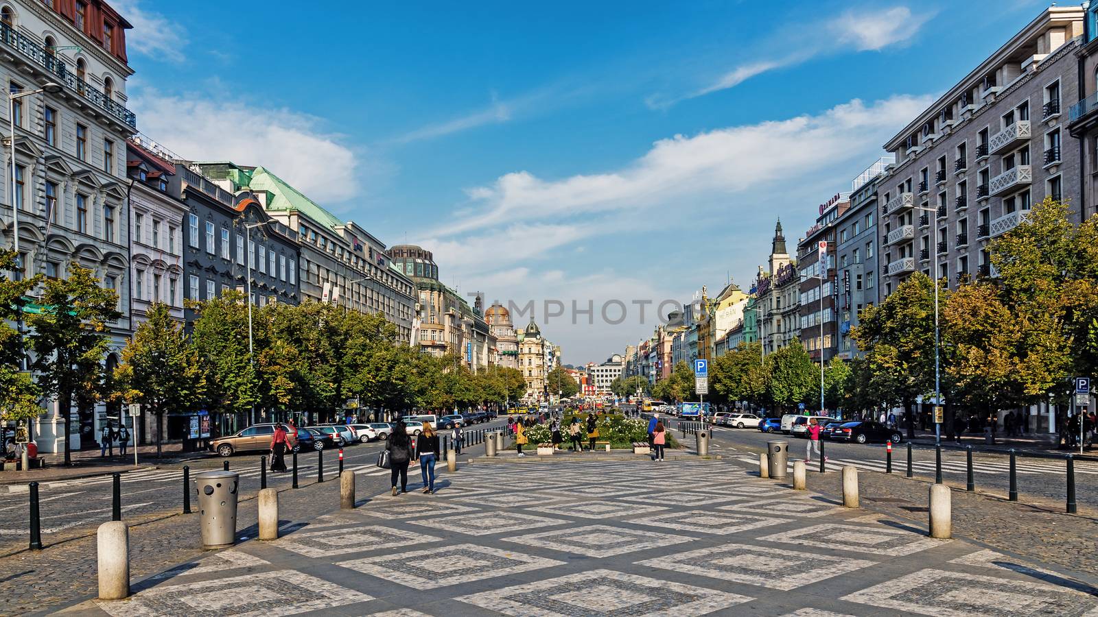 Overall view of Wenceslas Square (Czech: Vaclavske namesti) in Prague, main city square, business and cultural center, named after Saint Wenceslas, the patron of Bohemia.